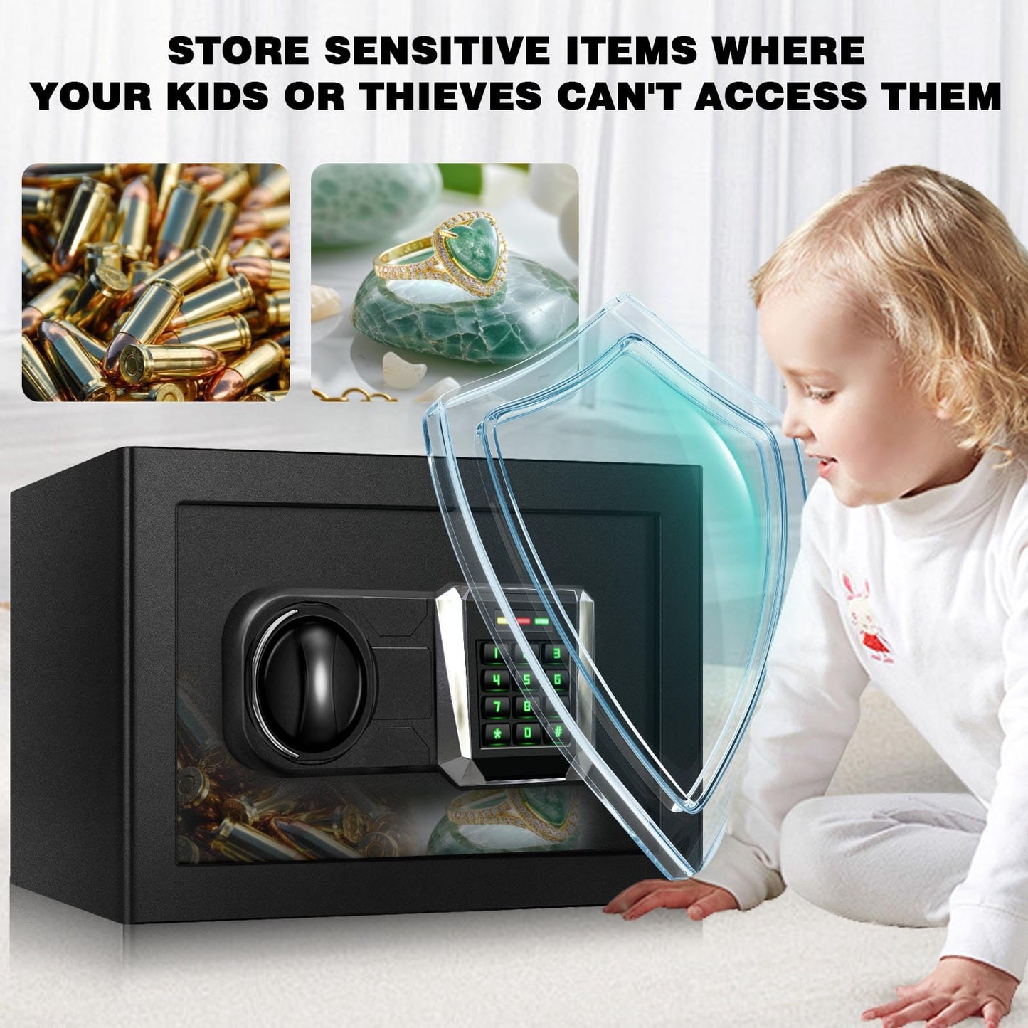 1.2 Cu Ft Safe Box with Fireproof Waterproof, Digital Home Security Safe with External Type-C Interface, Mute Function & Removable Shelf, Keypad & Spare Keys, Personal Security Document Lock for Cash