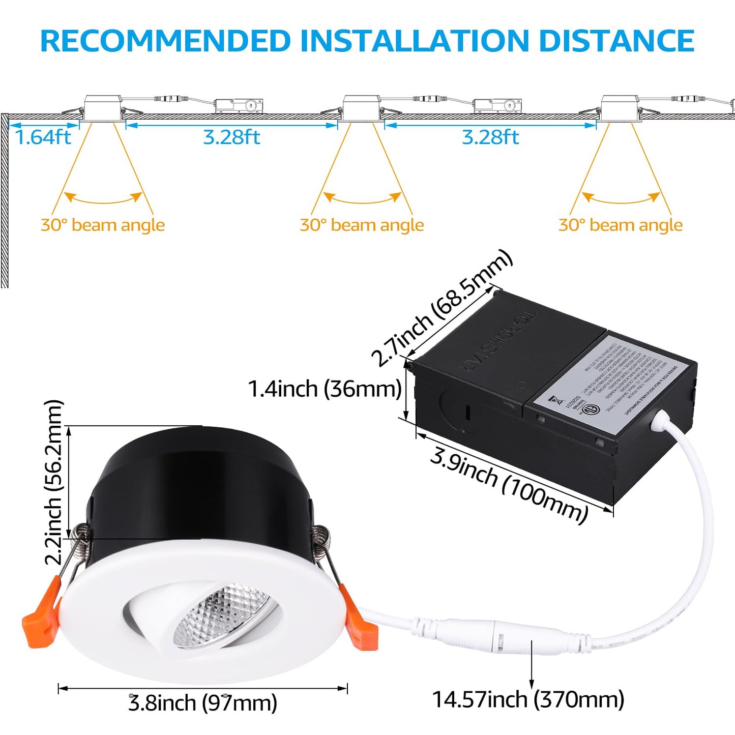 TORCHSTAR 3 Inch Gimbal LED Recessed Light with Junction Box, CRI 90+ Dimmable Swivel Adjustable Eyeball Downlight, 7W (50W Eqv.), Canless LED Ceiling Light, 3000K Warm White, White, Pack of 6