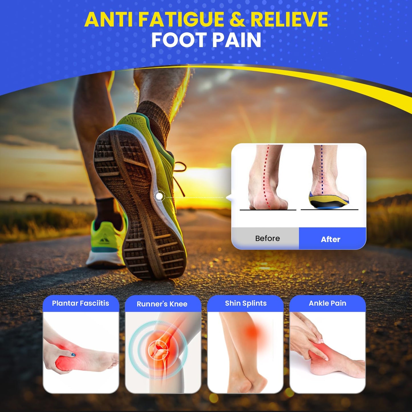 Welnove Plantar Fasciitis Insoles – Sport Arch Support Insoles for Running, Hiking & Standing All Day – Shock Absorption, Heel Pain Relief Heel Spur Insert for Sneakers & Boots(Black,XL)