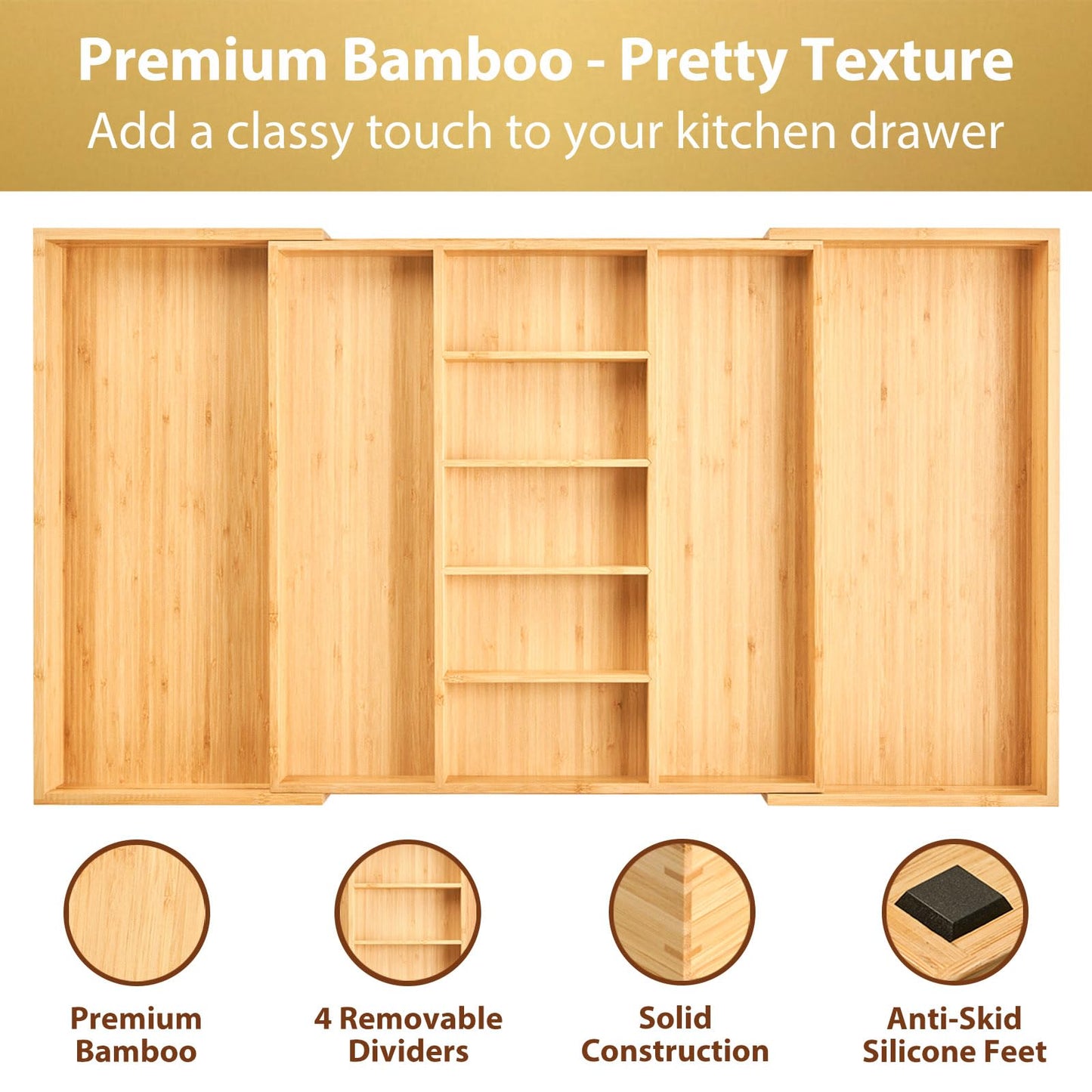 Umilife Extra Large Expandable Kitchen Drawer Organizer for Utensil and Junk, 19" Deep for Big Drawer, 19" to 33" Adjustable Bamboo Wood Drawer Divider, Cutlery Tray, Flatware Holder
