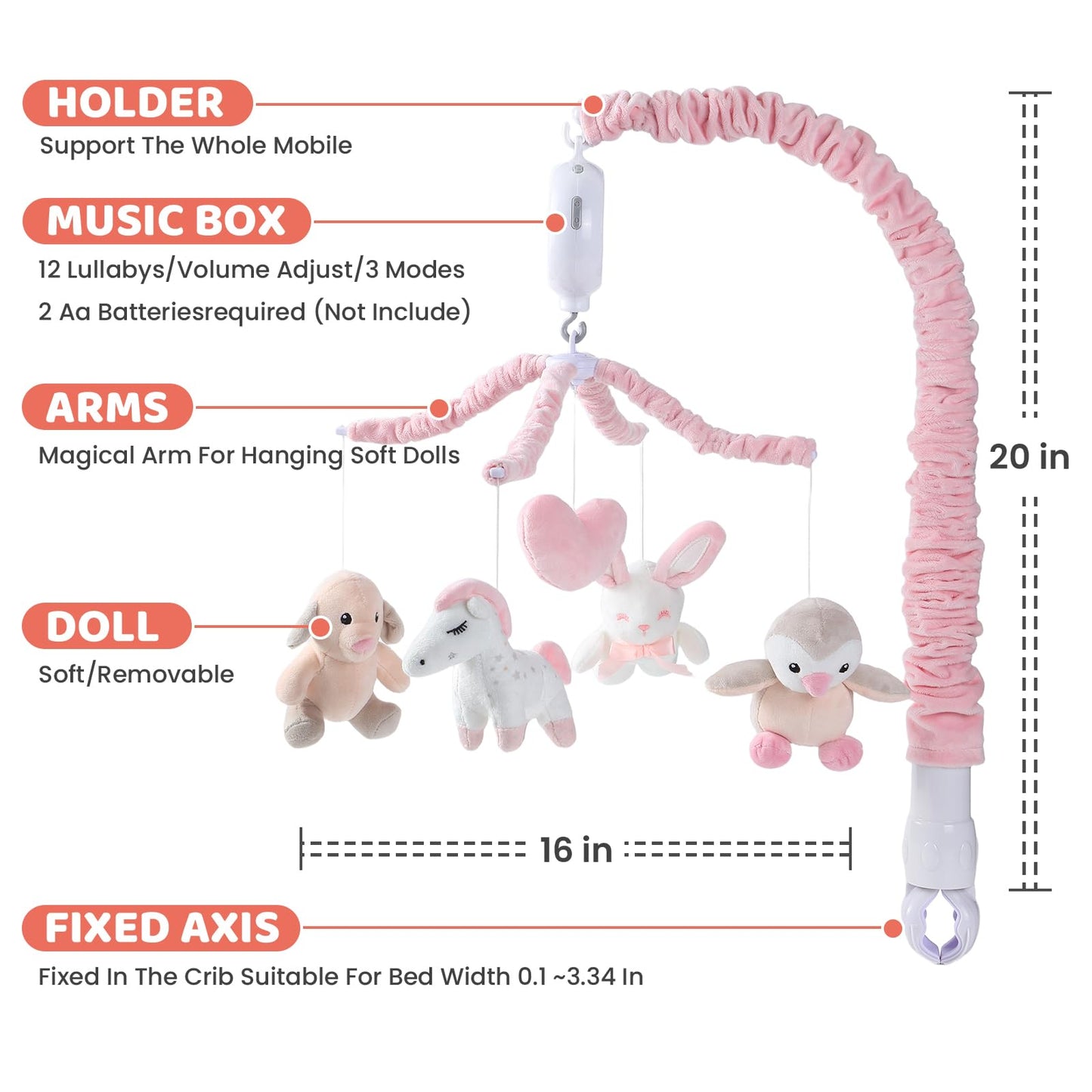 JOLLITO Crib Mobile for Girls, Soft Pink Musical Baby Crib Mobile with 12 Lullabies, Rotating Arm and Detachable Plush Animal Toys, Nursery Decor Baby Mobile for Crib Toys Bassinet