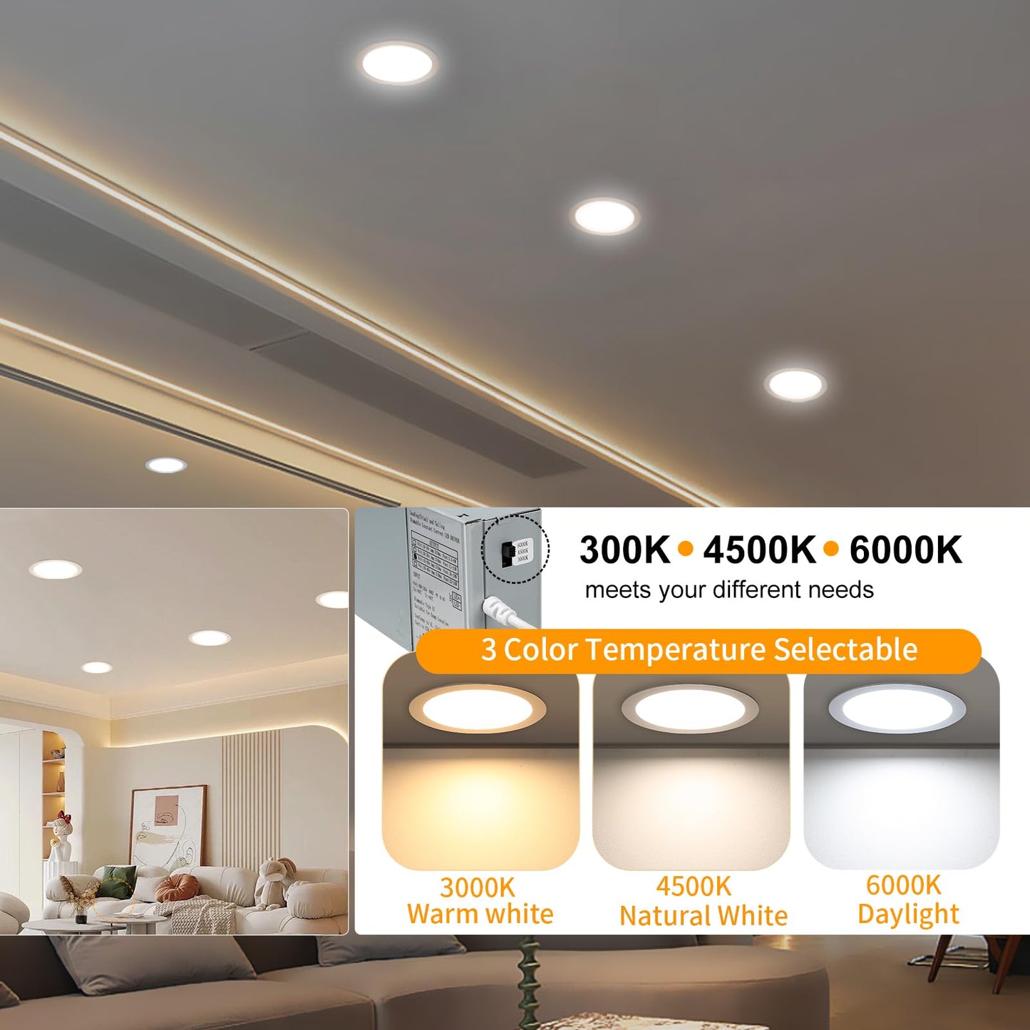 24 Packs 8 Inch Recessed LED Light: Ultra Thin LED Recessed Lighting with Junction Box, 3000K/4500K/6000K Selectable,Ceiling Light, High Brightness 1800LM Dimmable Canless LED Downlight