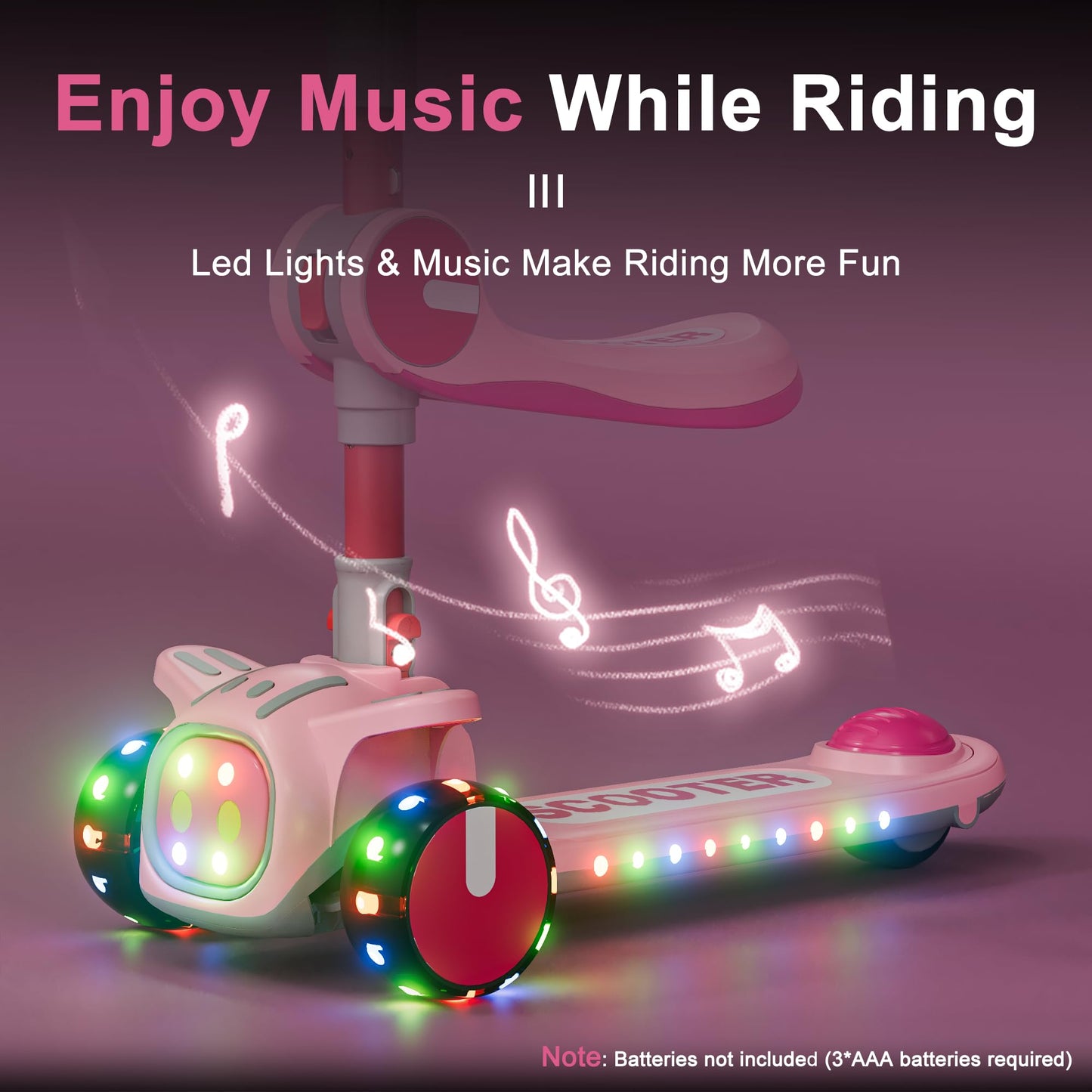 3 Wheel Scooter for Kids - Foldable & Unbreakable, 2-in-1 Kick Scooter with Music and Lights, Adjustable Height, Wide Deck, Flashing Wheel Lights, Easy for Beginner Toddlers Aged 3-8