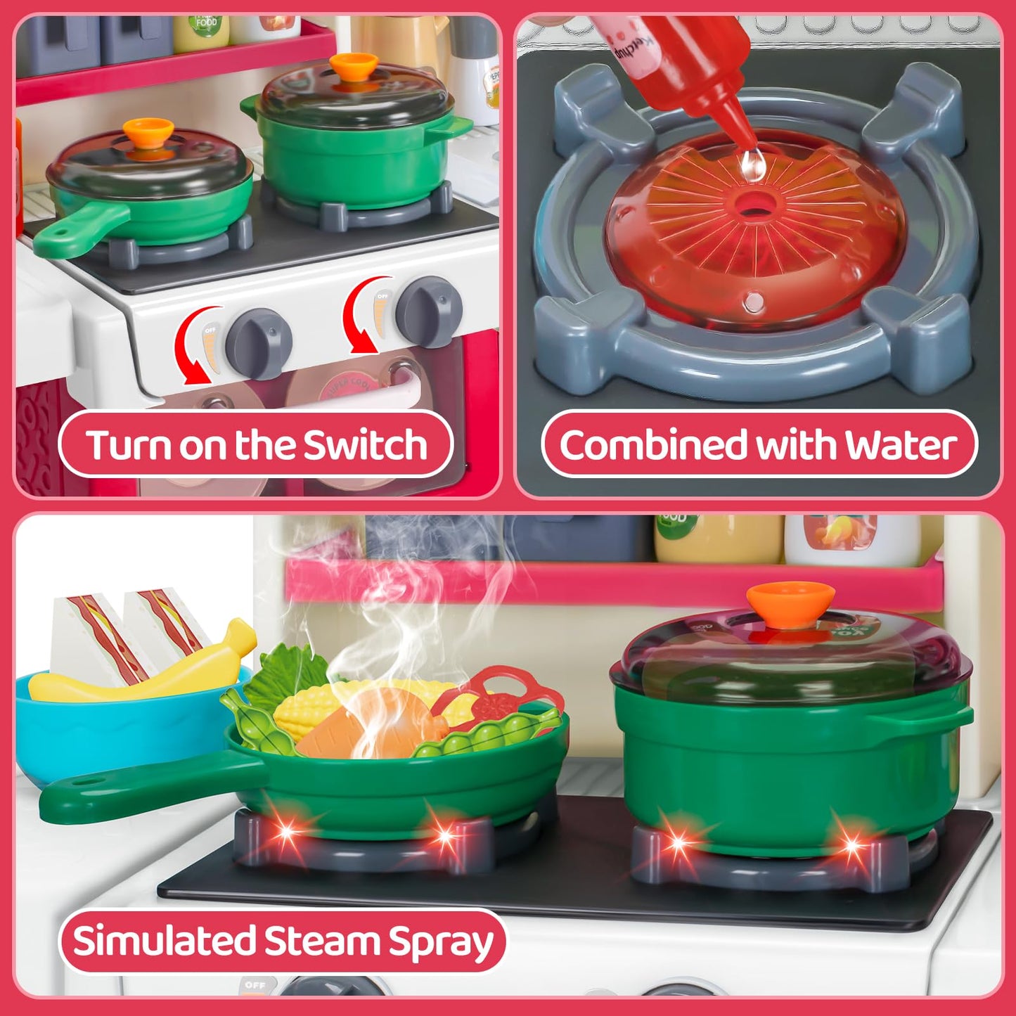 Red Kids Play Kitchen Set, Toddler Kitchen Playset with Sound & Light, Cooking Stove with Steam, Play Sink, Play Food Toy and Kitchen Accessories, Kitchen Toy for Kids Girls Boys - Red