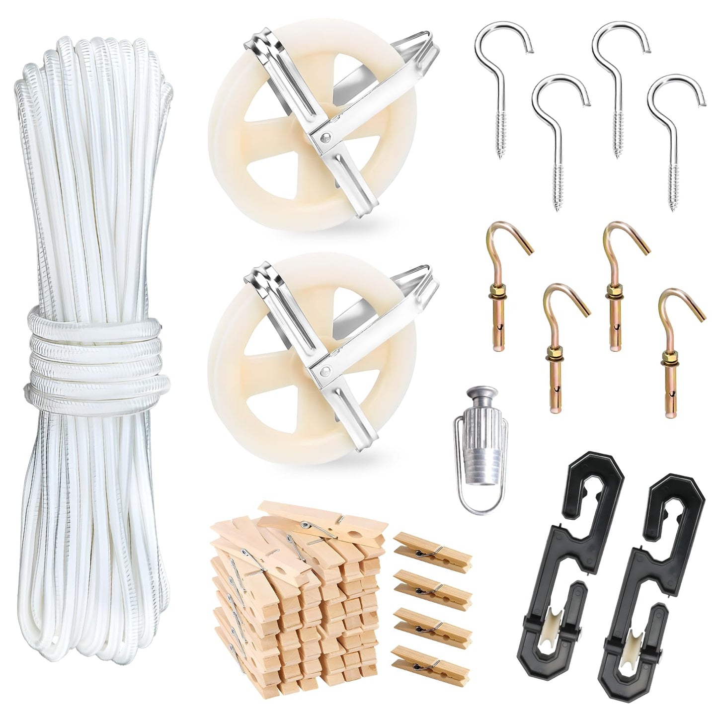 oyhqes Clothesline Kit Outdoors, Clothes Line Pulley Kit, 164ft Polyester Clothes Line Rope Outdoors Heavy Duty, Clothesline Pulley Kit with S Separator Spreaders, Rope Tightener, Hook for Clothes