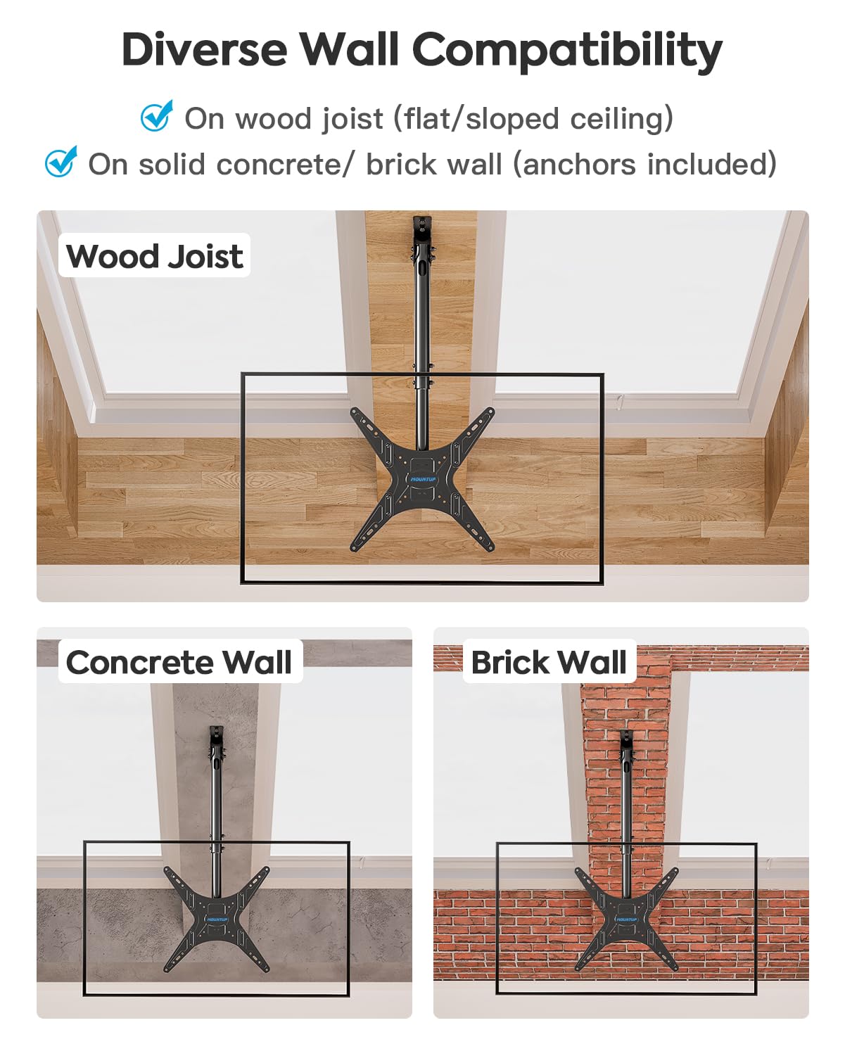 MOUNTUP Ceiling TV Mount for Most 24''- 65'' TVs, Hanging TV Ceiling Mount for 32 43 50 55 60 65 inch Screen, Full Motion Height Adjustable Bracket, Holds up to 99lbs, Max VESA 400x400mm, MU0039