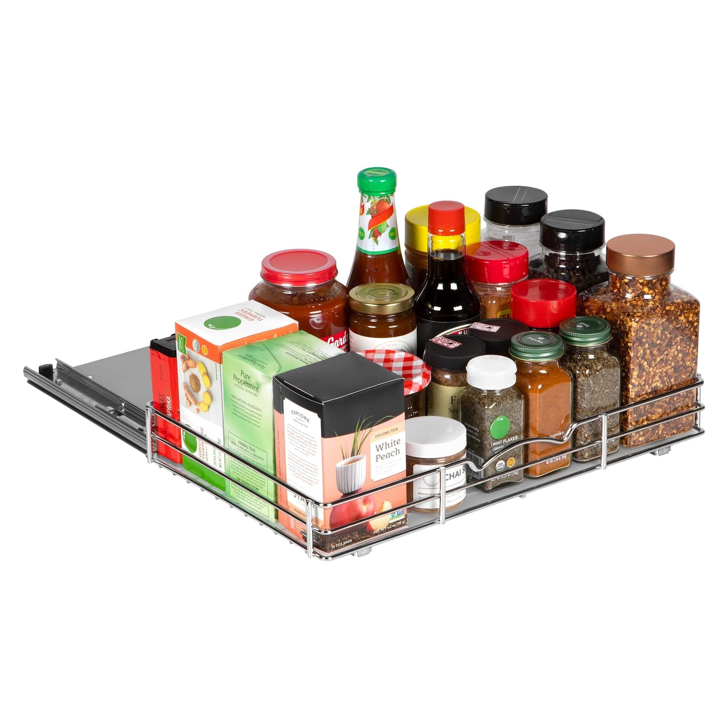 Pull-Out Cabinet Spice Rack Organizer - Slim Slide-Out Storage for Spices, Bottles & Jars, Premium Heavy-Duty Steel, Easy Install for Narrow Kitchen Cabinet - 16 ⅜ W x 10 ½ D x 2 ¾ H, Chrome