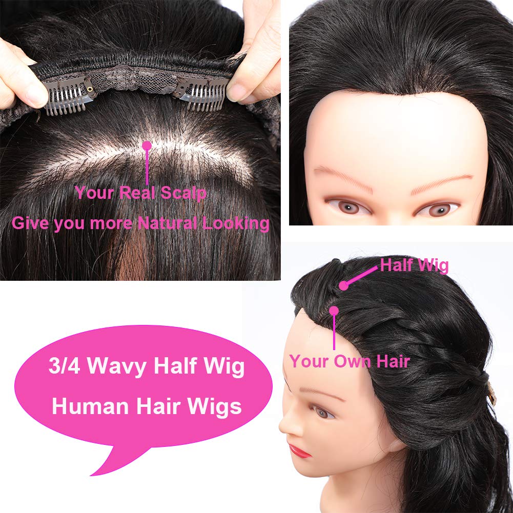 Urbeauty Half Wigs for Black Women Human Hair 14 inch Body Wave Human Hair Wigs, 10A Clip on Wig for Black Women Brazilian Virgin Human Hair 3/4Wigs