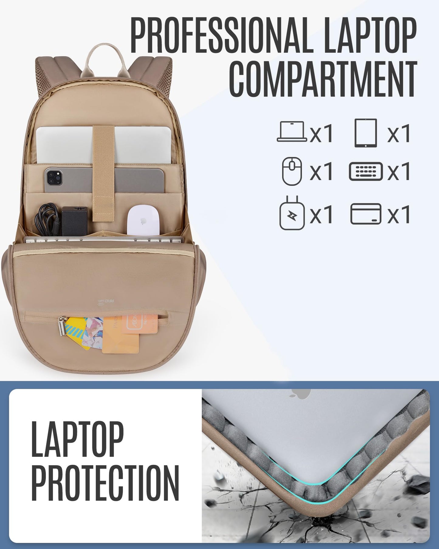 LIGHT FLIGHT Travel Laptop Backpack Women, 17.3 Inch Laptop Backpack with USB Charging Hole, Water Resistant College Bookbag, Black Computer Backpacks for Work, champagne