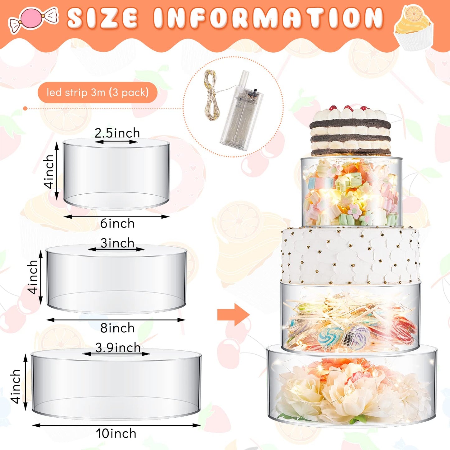 Sintuff 3 Pcs Acrylic Cake Stand with LED Lights 6'', 8'', 10'' Clear Fillable Cake Riser Round 3 Tier Case Cylinder Box for Wedding Birthday Holiday Party Food Display, 3 Sizes
