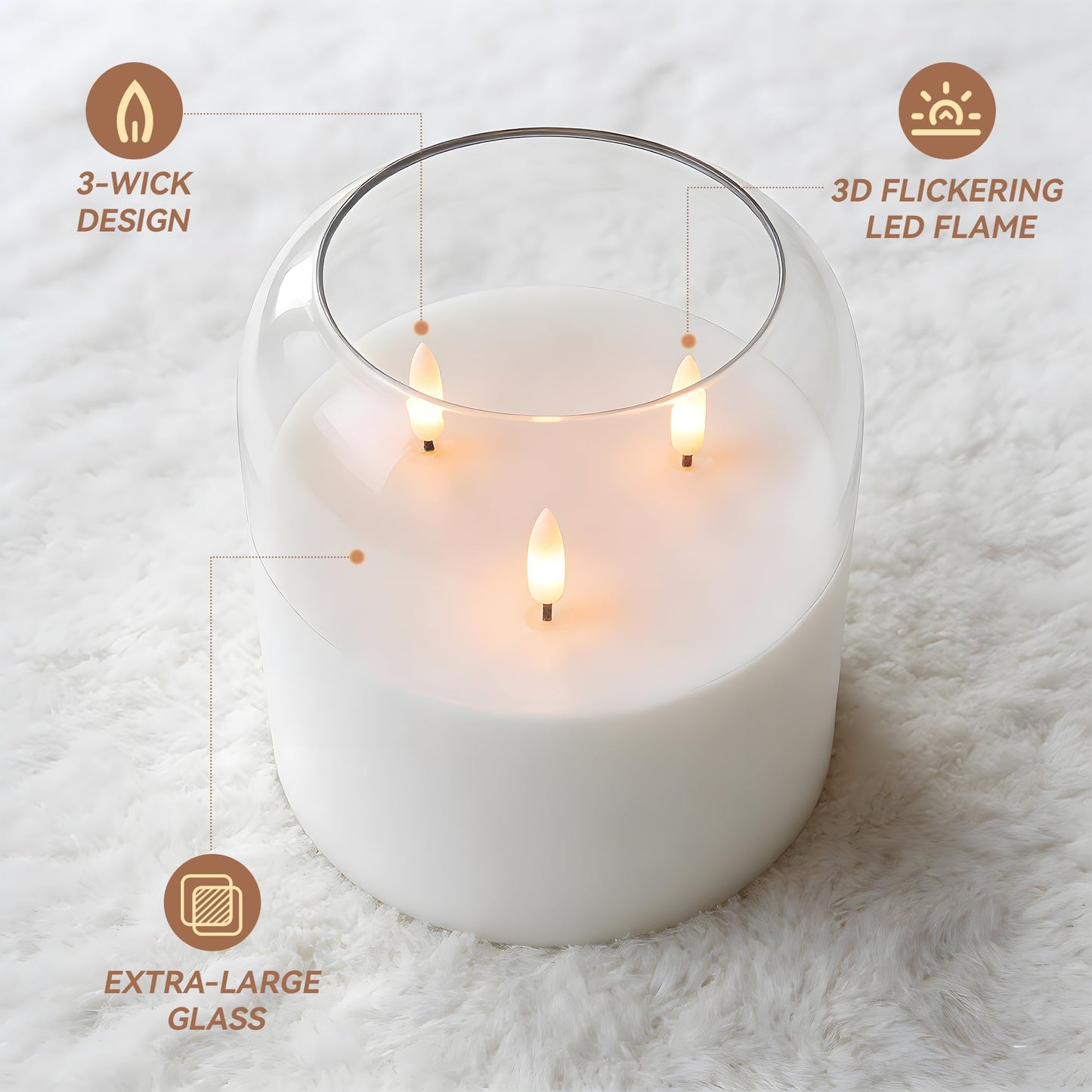 Velsyn 3 Wick Glass Flameless Candle with Remote and Timer, 6"x6" Extra Large Real Wax LED Pillar Candle Battery Operated with 3D Flickering Flame for Festival Wedding Home Party Decor (Clear)