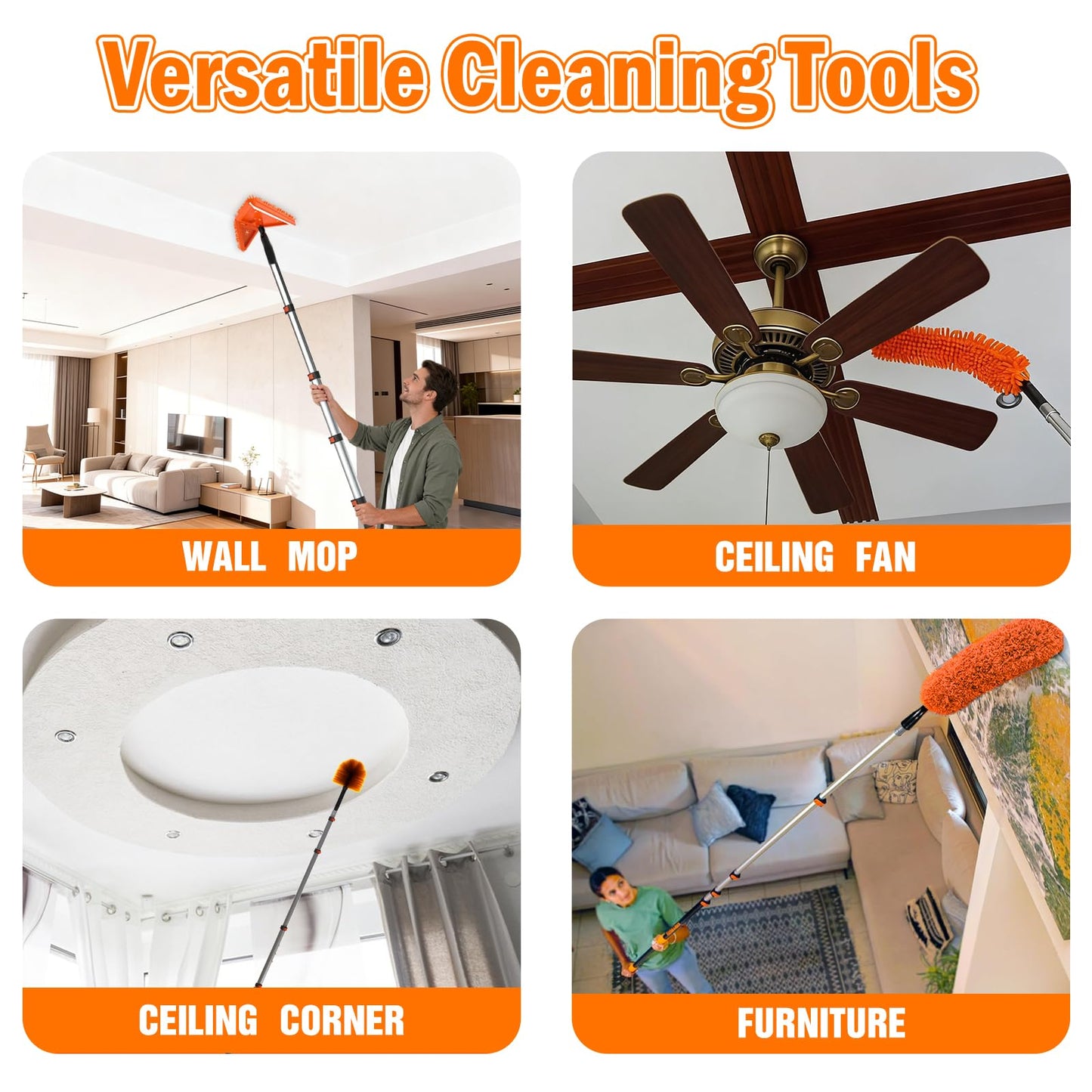 LAANPOLE 26FT Reach Dusters for Cleaning, Ceiling Fan Cleaner Duster with Extension Pole, Wall and Baseboard Cleaner Mop with Handle for Window Cobweb Fan Blade and High Ceiling