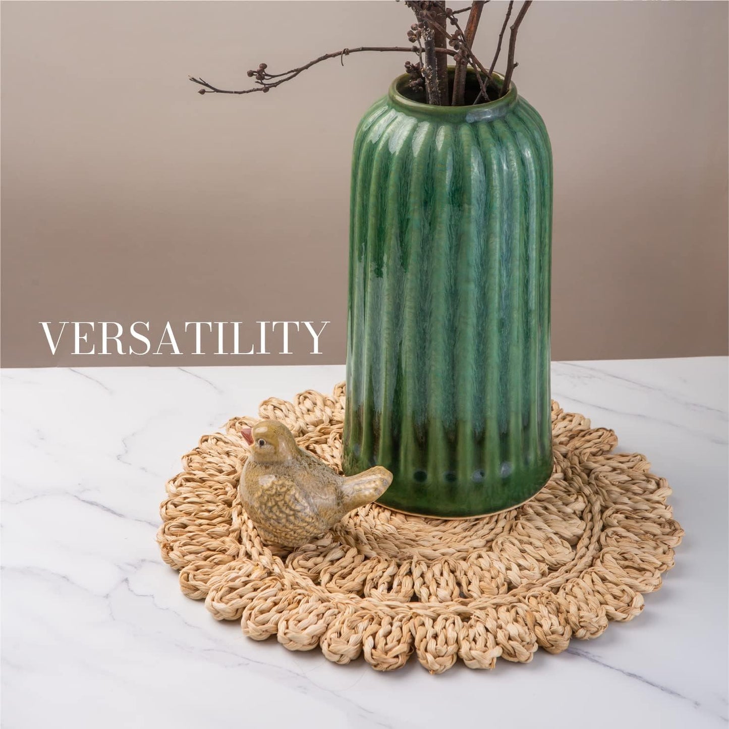 Laquedecraft 13.8" Set of 12 Round Corn Husk Placemats | Boho Woven Rattan Table Mats | Farmhouse Wicker Spring Plate Chargers Like Water Hyacinth, Seagrass Table Mats