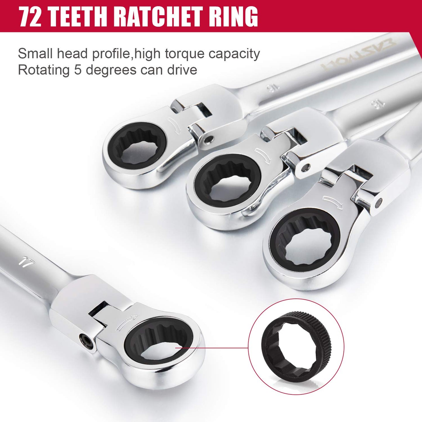 Eastvolt 12-Piece Flex-Head Ratcheting Wrench Set, Metric 8mm-19mm, Combination Ended Spanner kits, Chrome Vanadium Steel with Toolbox, EVHT1201