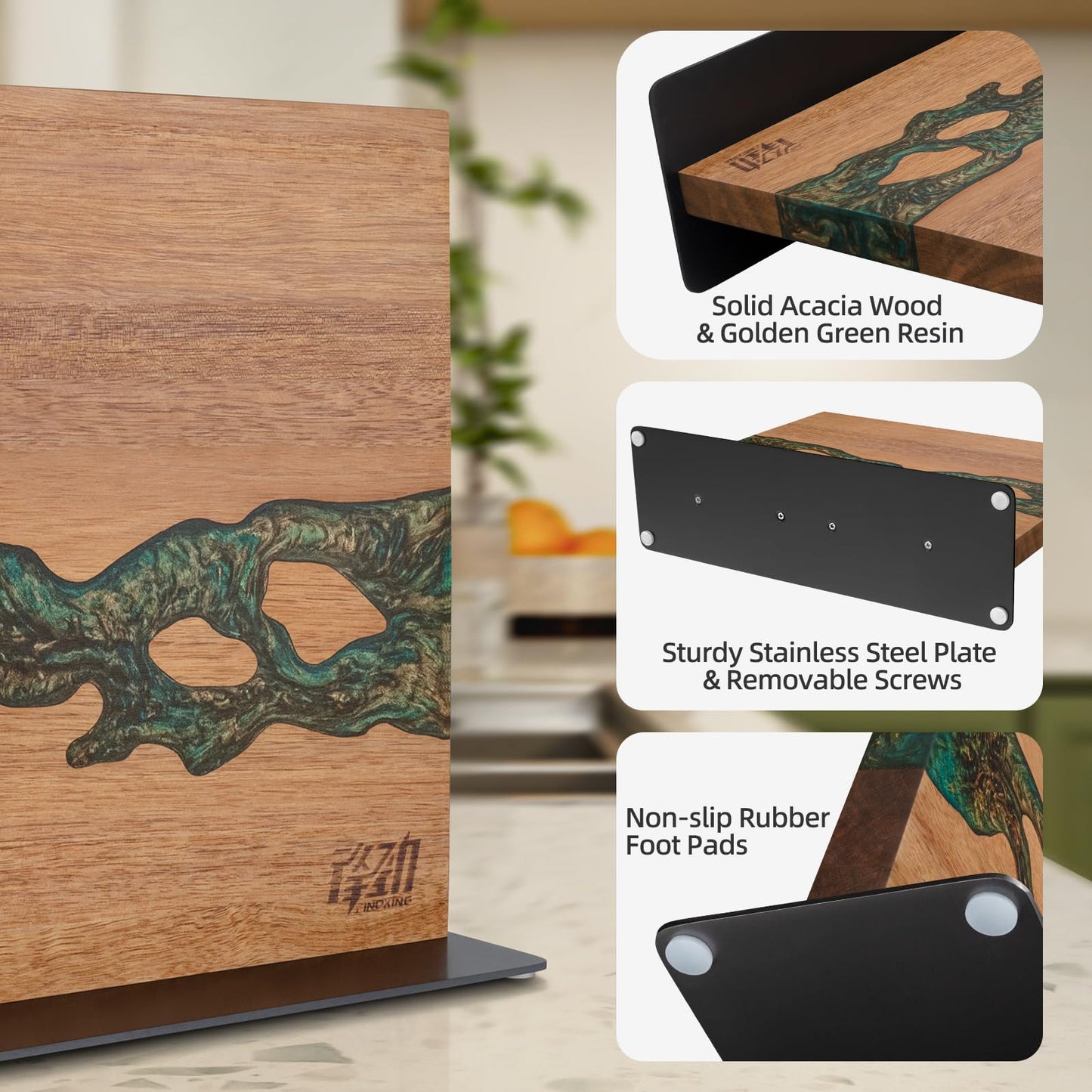 FINDKING Magnetic Knife Block, Double-Sided Knife Holder with Strong Magnets, Acacia Wood and Golden Green Resin, Countertop Kitchen Knife Storage Stand (12 × 10 Inches, Without Knives)