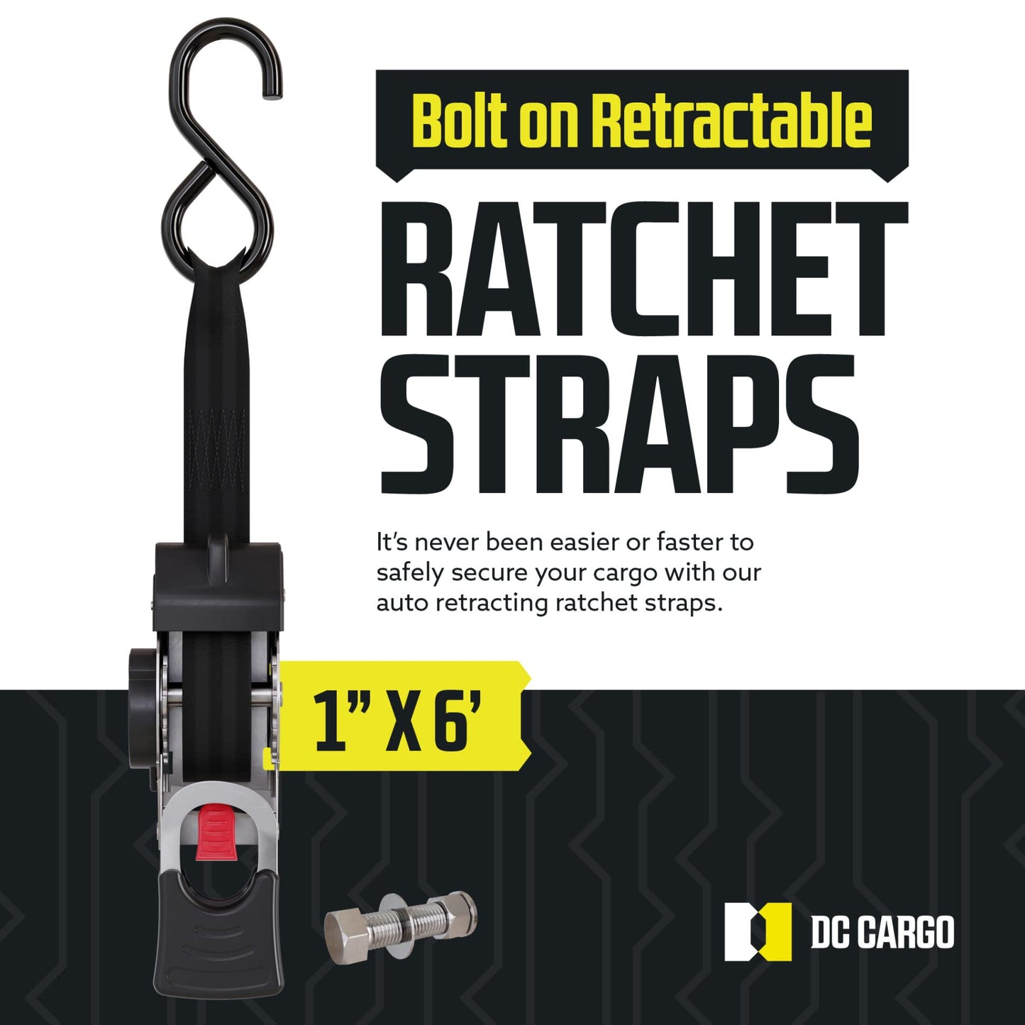 DC Cargo Mall Bolt-on Auto Retractable Ratchet Straps - (2 Pack) 1 Inch x 6 Ft - 600 lbs Break Strength - Retractable Ratchet Tie Down Straps for Boats, Jet Skis, Motorcycles, ATVs