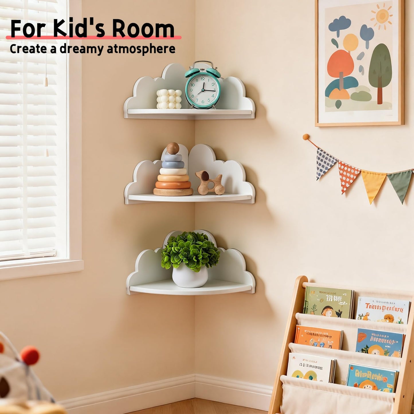 Conamily Cloud Corner Floating Shelves，Set of 3 White Corner Wall Shelf Floating Wooden Cute Wall Mounted Shelves Clouds Dispaly Shelf for Kid’s Room,Toys, Plants & Storage