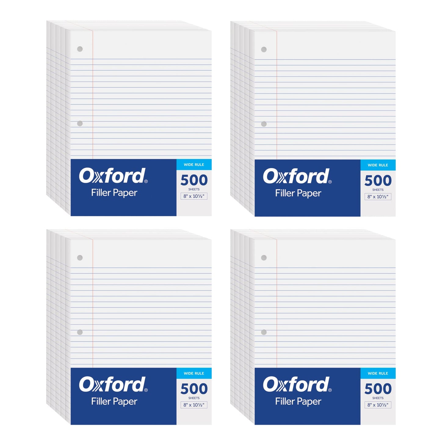 Oxford Loose Leaf Paper, Filler Paper, Notebook Paper, 8" x 10-1/2", Wide Rule, 3-Hole Punched, 2,000 Sheets for 3 Ring Binders, 4 Packs of 500, White (62379)