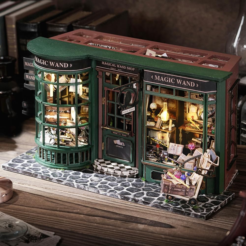Lannso DIY Dollhouse Miniature Kit, Doll House Kit with Dust Proof Cover, Magic Wand Shop, Mini Handmade Wooden Dollhouse Toys for Adult Gift(F32)