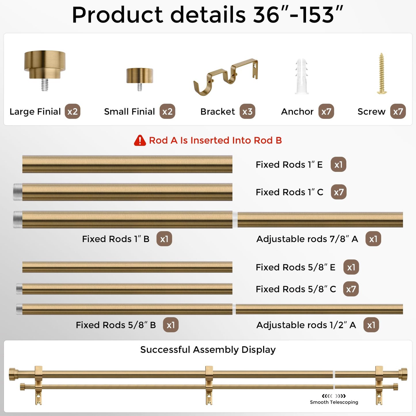 Wolistsa Brass Double Curtain Rod, Warm Gold Extra Long Dual Curtain Rods for Windows 36 to 153 Inch, 1 Inch Adjustable Heavy Duty Spliced Double Rod, Pro-Plating Process, Aluminium Finials