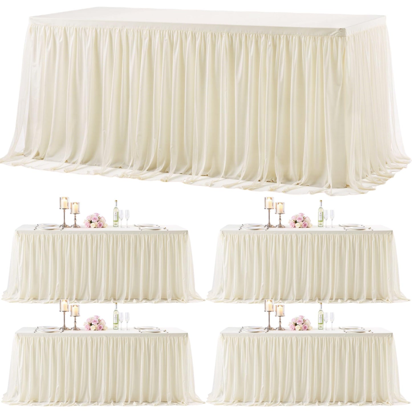 4 Pack 6ft Ivory Tulle Tablecloths for Rectangle Tables 6 Foot Ivory Rectangular Table Cloth Wrinkle Free Table Cover with Tutu Skirt for Wedding Baby Shower Birthday Party Banquet Buffet Cake