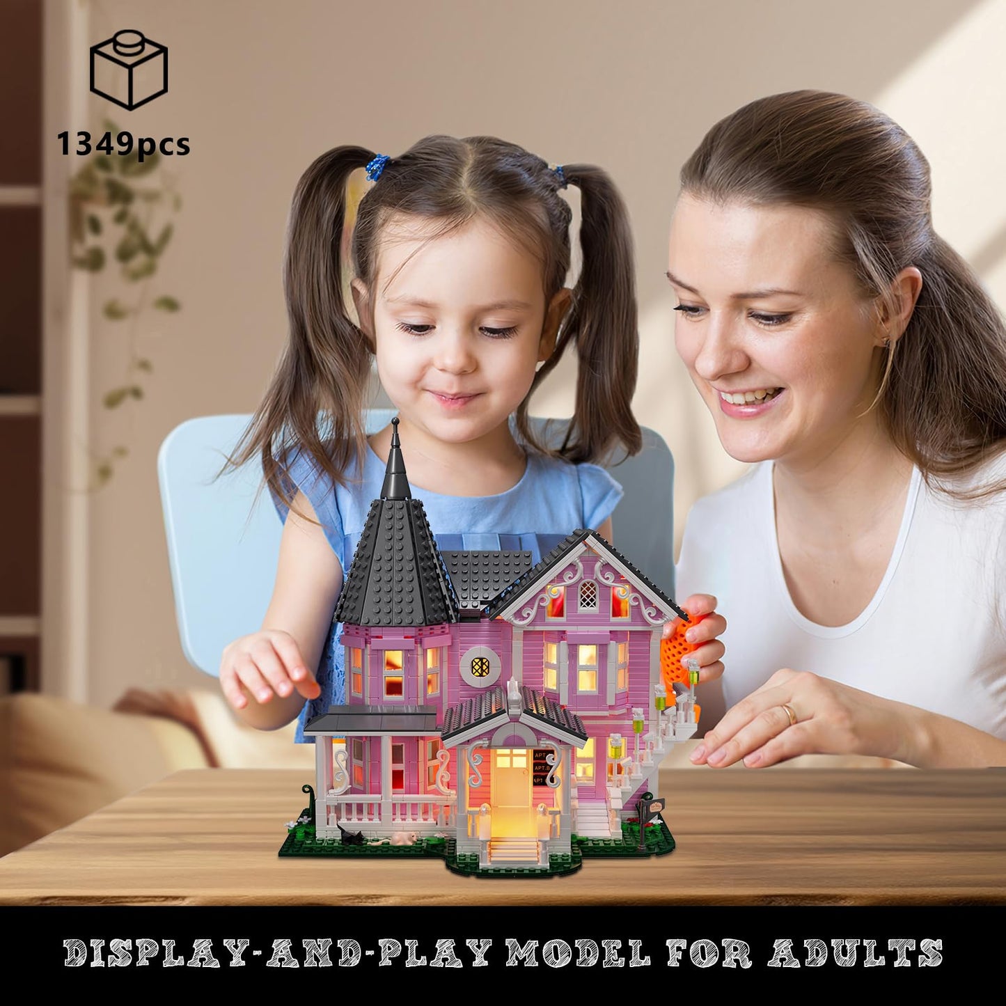 Pink Palace House Building Set with Lights, Halloween Haunted House Blocks Toy, Halloween House Kit for Kids Adults, Compatible with Lego, Christmas for Girls and Boys, Aged 8+ (1349PCS)