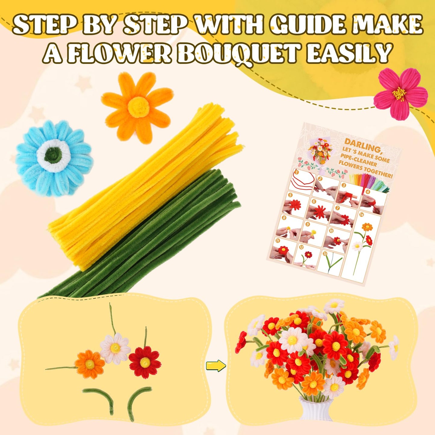 900PCS Pipe Cleaners Flower Kit, Pipe Cleaner Bulk Craft Flower Making Kit with Instruction, 8 Colors Thick Chenille Stems for Arts DIY Craft Supplies with Greeting Card, Floral Wires, Tape, Stamen