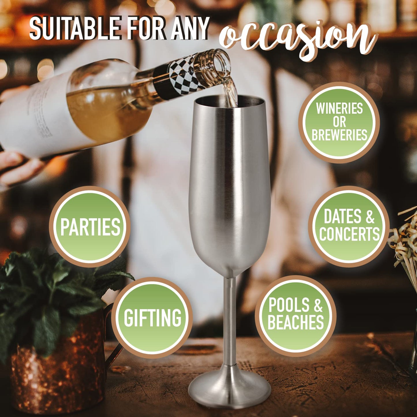 Unbreakable 8 Oz Stainless Steel Champagne Flutes (8 Pk)- Large Stemmed Matte Silver Champagne Glasses - Reusable Indoor Outdoor Drinkware - Keeps Drink Cool for Longer- Graduation & Mother's Day Gift