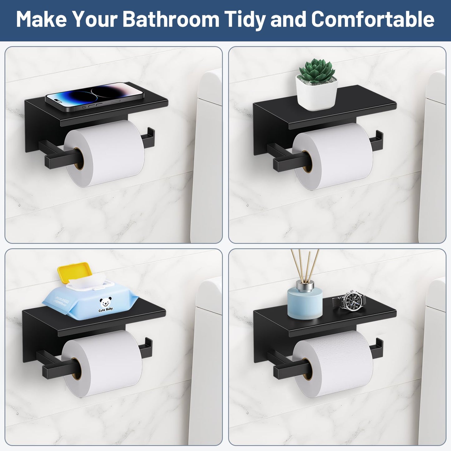 TURS 5-Pieces Matte Black Bathroom Hardware Accessories Set 23.6" Towel Bar Set Wall Mounted Square Toilet Paper Holder with Shelf Stainless Steel
