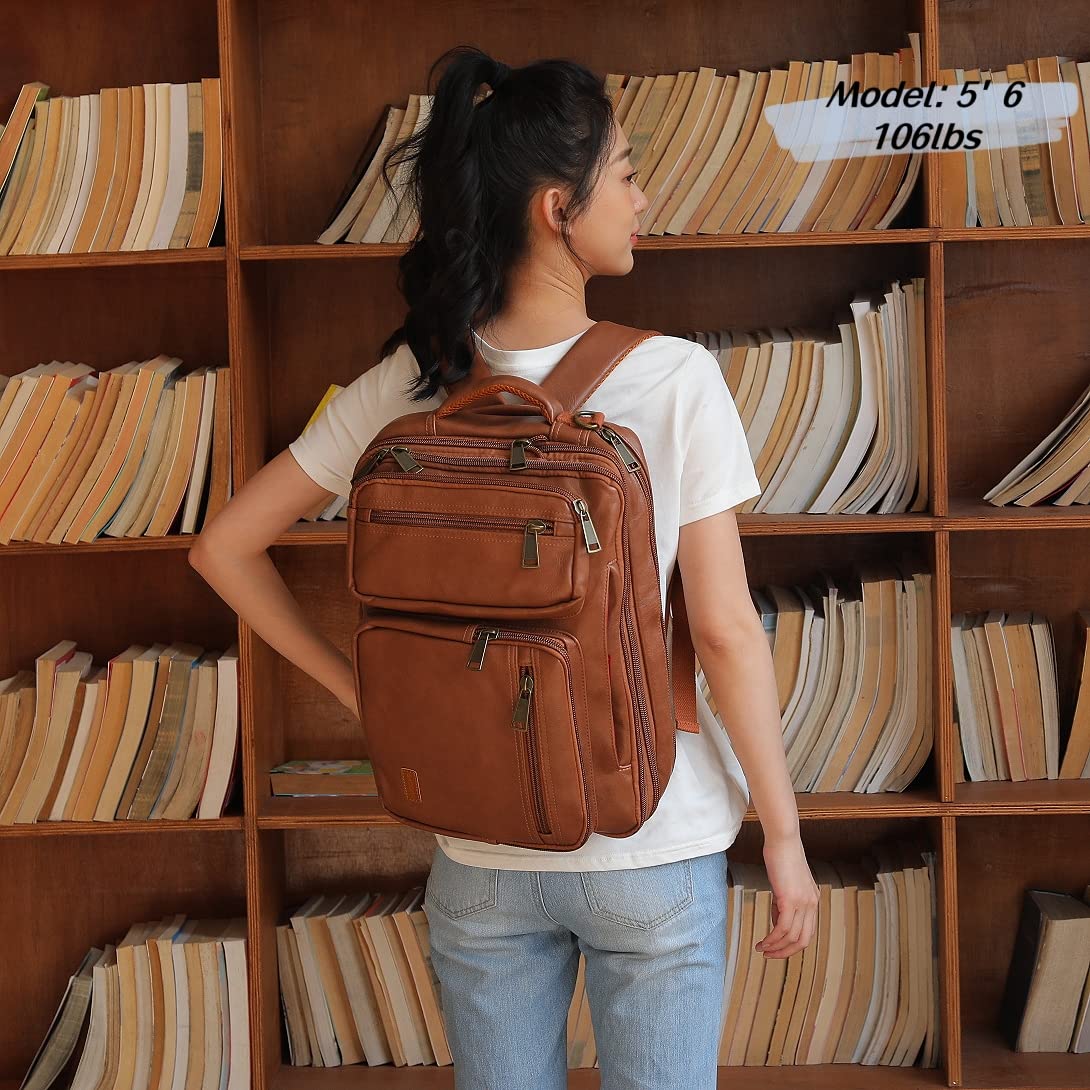 Vegan Leather Laptop Backpack Briefcase Hybrid 15.6 Inch Laptop Travel Backpack Hiking College Backpack for Men BC-04 (Brown)