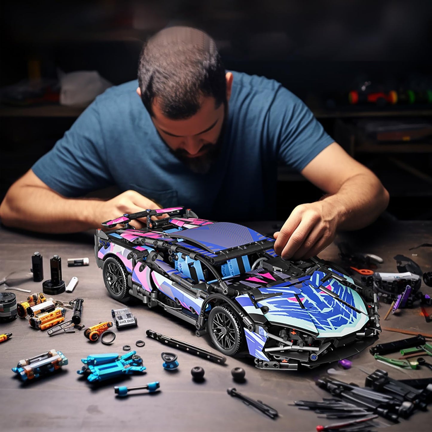 PinkBee Sport Car Building Block Sets for Adults,Technical Race Car with LED Lights Collectible 1:14 MOC Model Engineering Toys Gifts for Boys Boyfriends Men Teens Age 8+ 8-12, 8-14,12 13 14