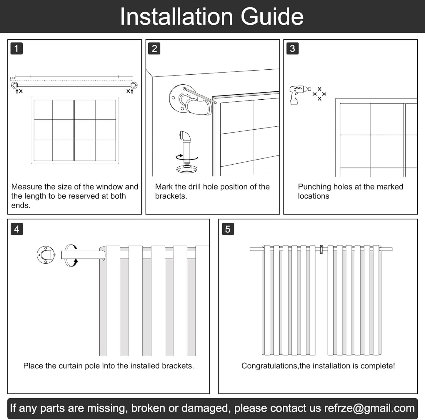 Refrze 2 Pack Curtain Rods for Windows 34 to 48 Inch, Industrial Curtain Rods Wrap Around, Heavy Duty for Bedroom & Outdoor, 34-48", "Black Curtain rod