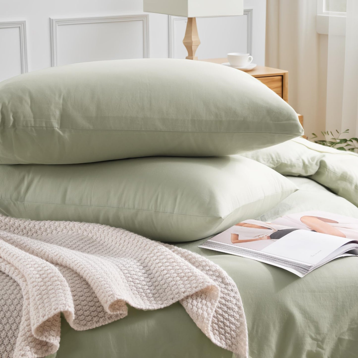 NEXHOME PRO Queen Duvet Cover Set – 100% Certified Organic Cotton with Washed Feel & Linen-Like Texture, Comfortable & Breathable, Home Bedding Set Sage Green (No Comforter)