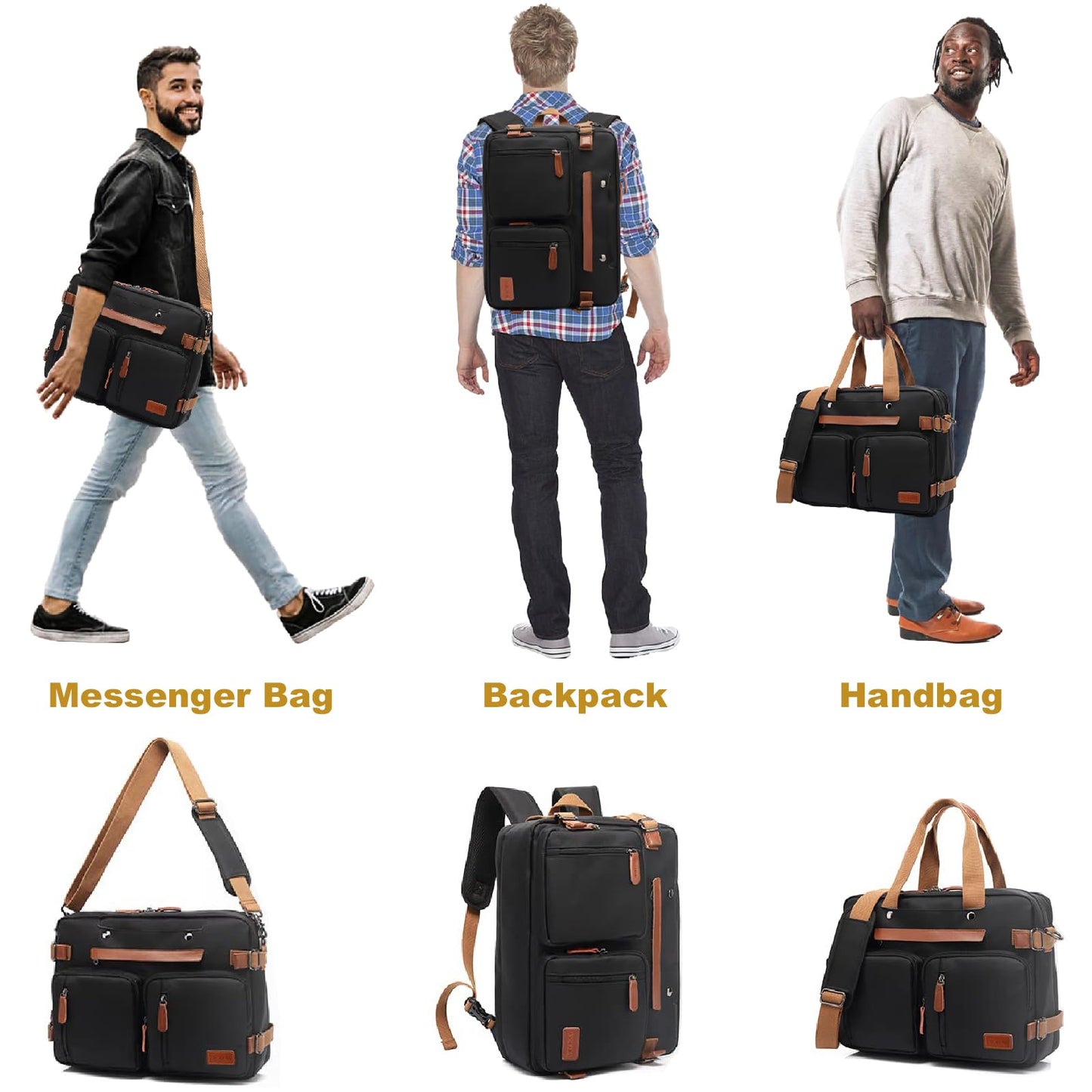 MOLNIA 3 in 1 Laptop Bag for Men, 17.3 Inch Work Bags for Men, Laptop Backpack, Briefcases, Messenger Bag for Men, Computer Bags for Laptops for Men Women, Black