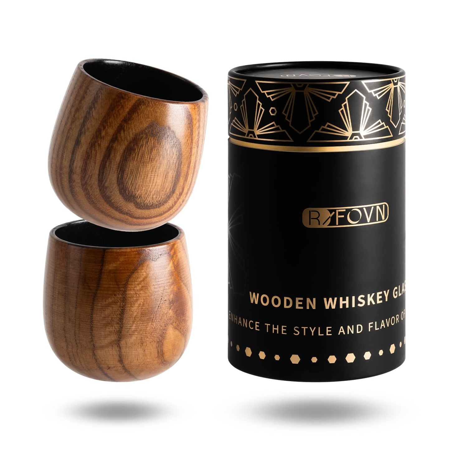 RIFOVN Wooden Whiskey Glasses 10oz, Rustic Bourbon Glasses, Birthday Gifts for Men, Husband, Dad, Brother, Home Bar Drinkware (2 Pack)
