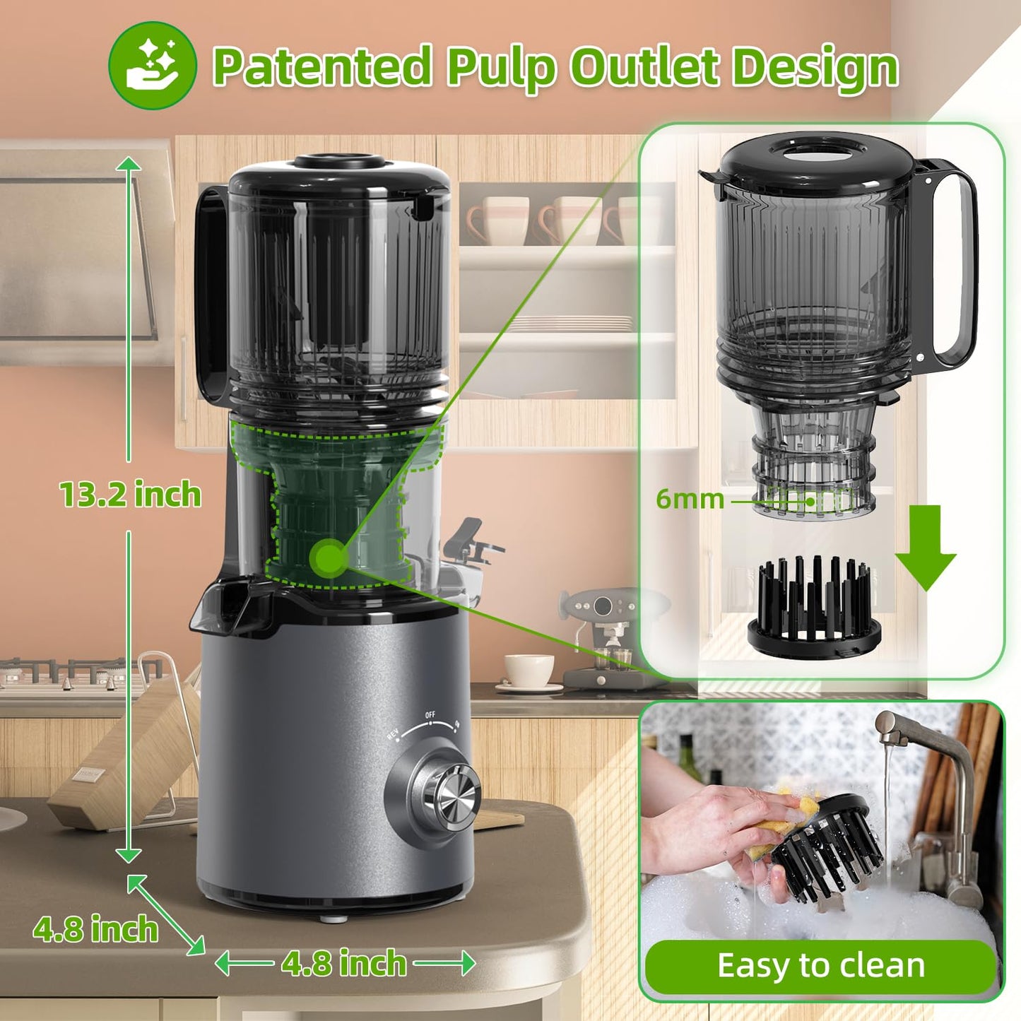 Budsom Cold Press Juicer Machine: 300W Slow Masticating Juicer for Whole Fruits & Vegetables, 5.3" Wide Feed Chute, High Juice Yield, Easy to Clean, Quiet 55 RPM, Juice Extractor for Home & Kitchen