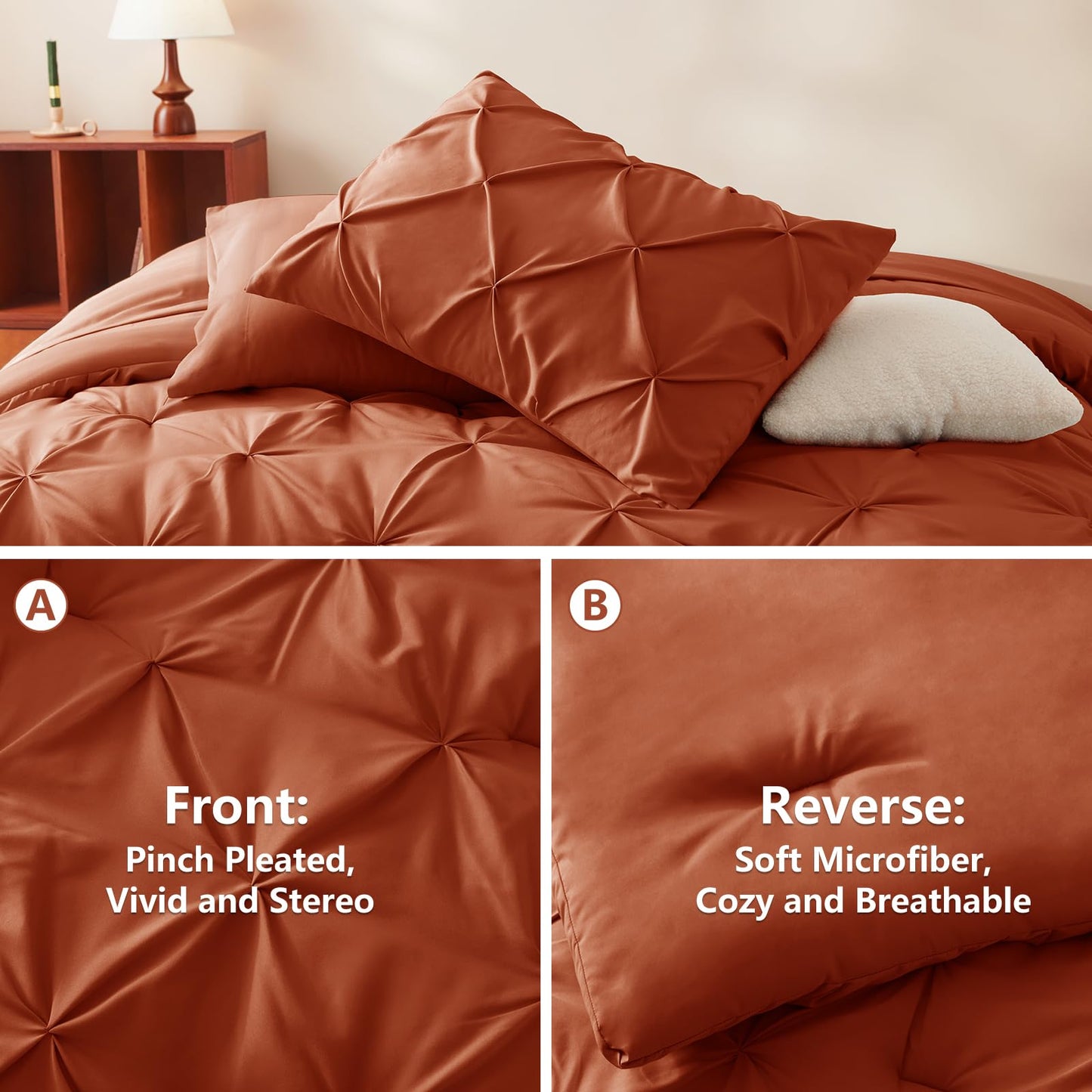 HIMEET Queen Comforter Set Burnt Orange - 7 Pieces Pintuck Bed in a Bag, Pinch Pleat Modern Room Decor, All-Season Soft Bedding Gift with Comforter, Sheets, Pillowcases & Shams