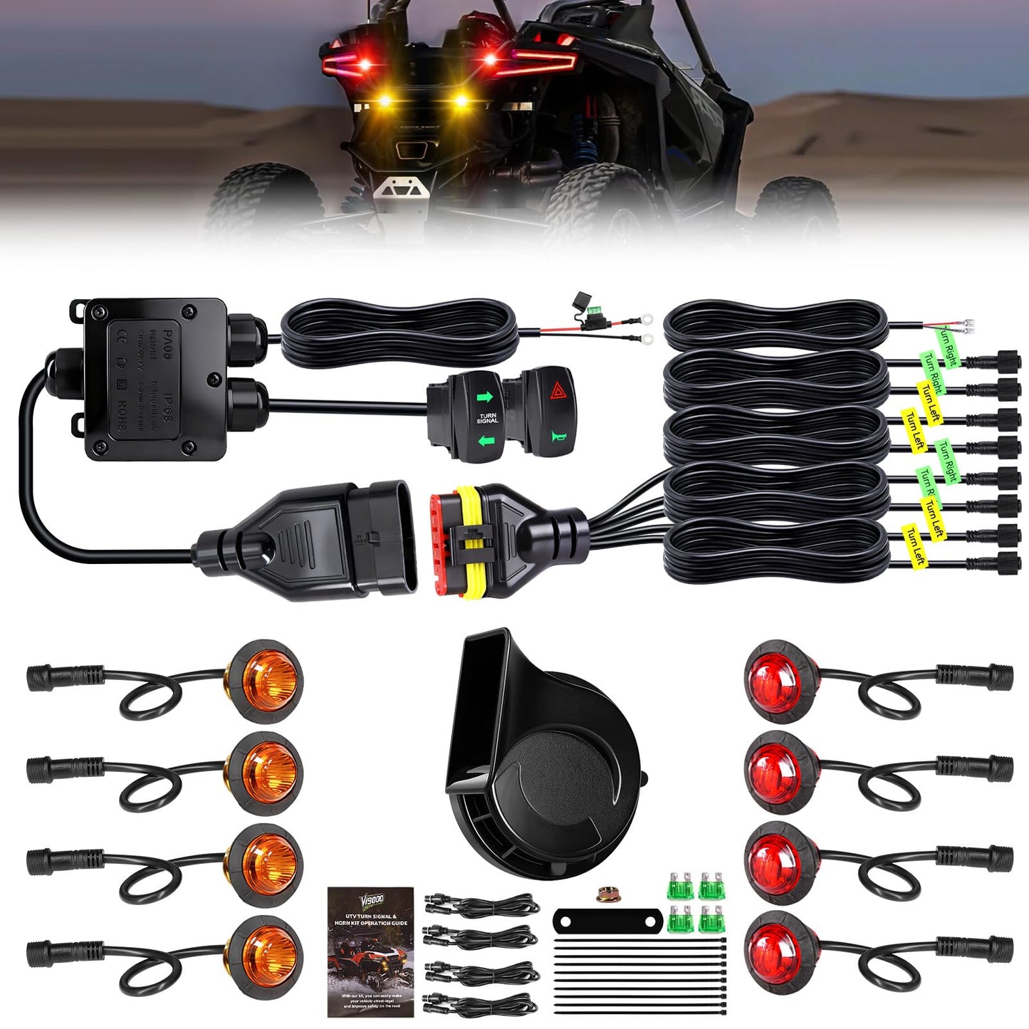 VI9000 UTV Turn Signal Kit, Pre-Wired, Plug and Play Universal Street Legal UTV Blinker Kits with Rocker Switch, Hazard Light, 110D Horn, Compatible with Polaris, Can-Am, Kawasaki, CFMOTO