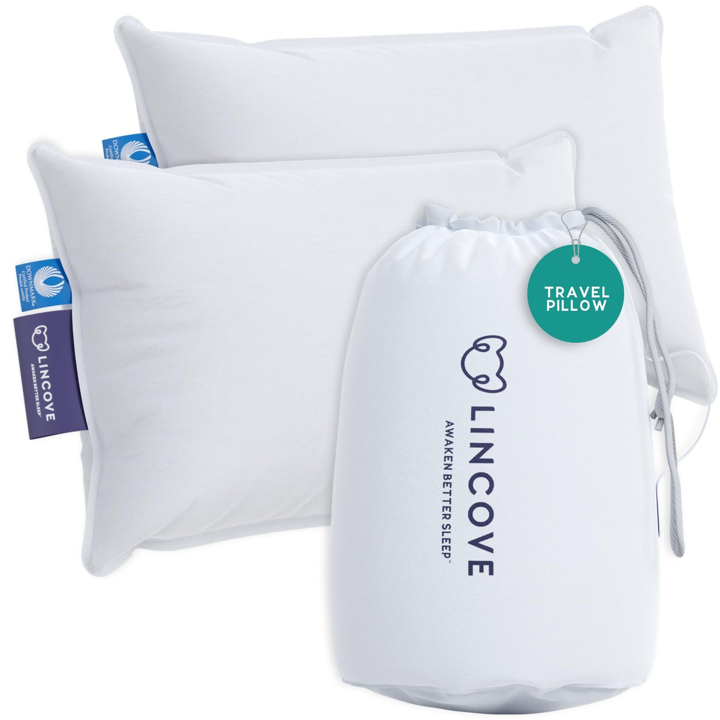 Lincove Canadian Down Feather Travel Pillow Pack of 2 - Luxury Pillows to Support Head, Neck, While Sleeping on Airplanes, Cars, Hotels & Home - Comfortable Vacation Sleeping Essential, 13"x18"