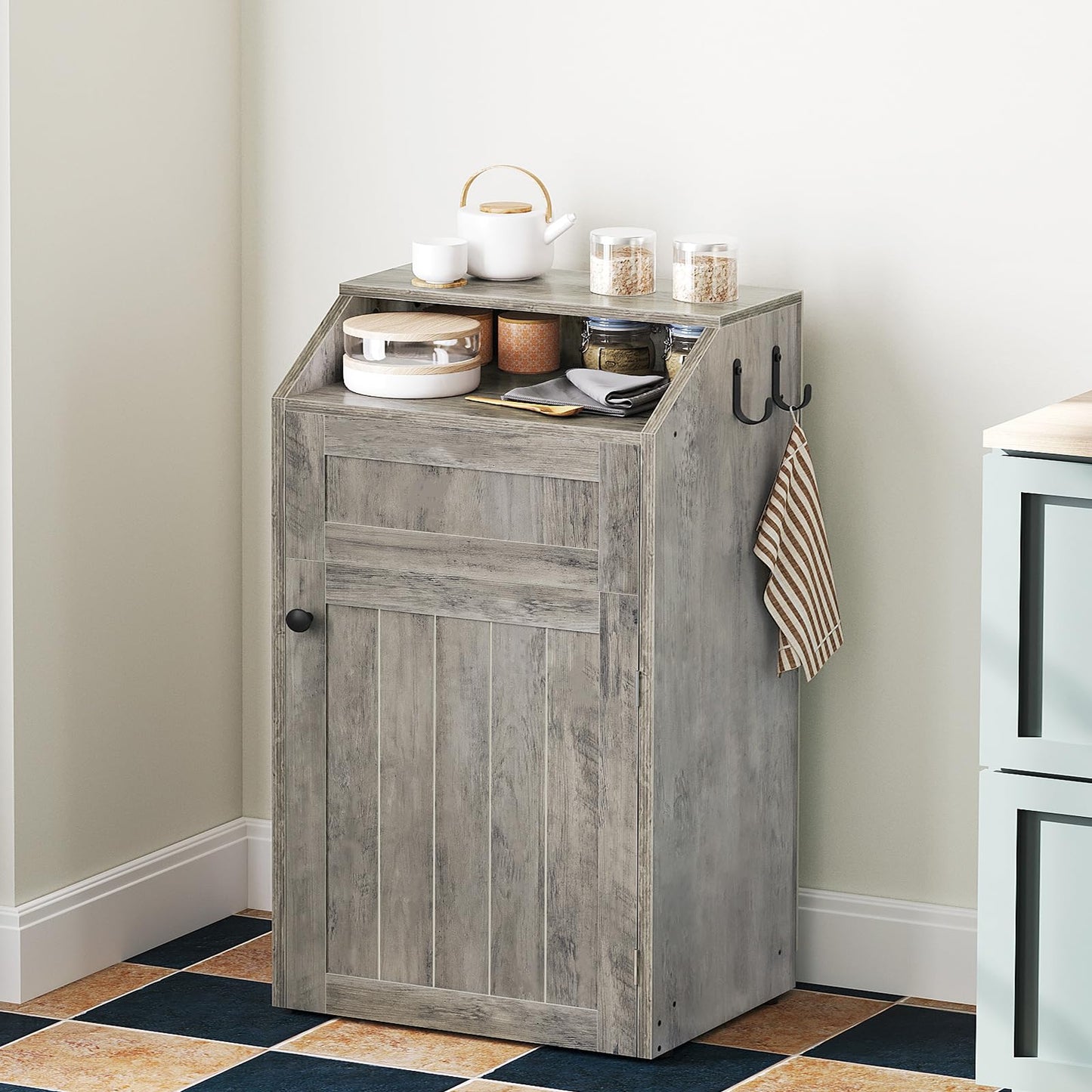 Trash Cabinet, Freestanding Trash Can Cabinet, Wooden Recycling with Flip Door, Hidden Kitchen Garbage Can, 10 Gallon Laundry, for Kitchen, Laundry, Greige WB01BG