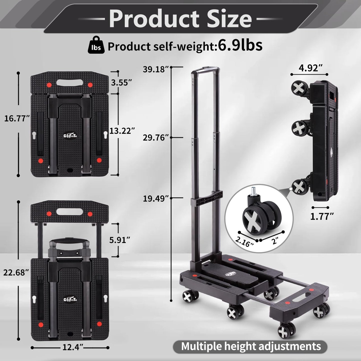 Folding Hand Truck Lightweight Hand Truck Dolly Foldable,Luggage cart with 6 Rotate Wheels, Utility Cart with Adjustable Handle,Collapsible Dolly for Moving (Black)