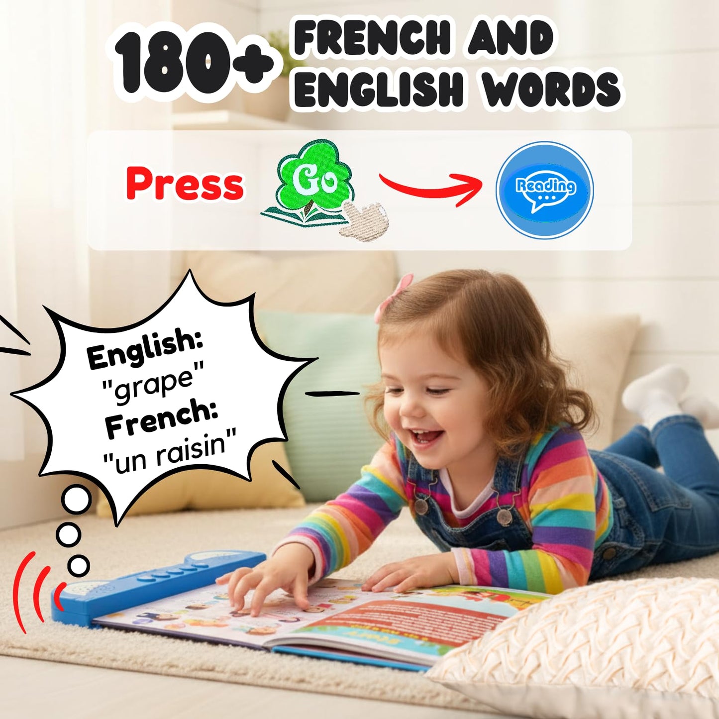 ZeenKind French English Talking Learning Book for Kids 2 3 4 5 6 Years Old, Learn French Interactive Audio Sound Books for Toddlers, Francais Educational Electronic Toys, Bilingual Musical Toy