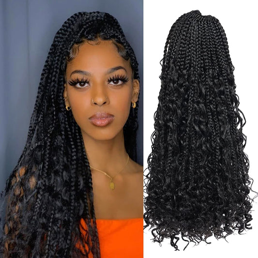 Ayana Goddess Box Braids Crochet Hair 18 Inch 3X Bohomian Crochet Braids Box Braids Crochet Box Braids Curly Ends Synthetic Crochet Braids Hair Extensions For Women (18 Inch-7Pack, 1B)