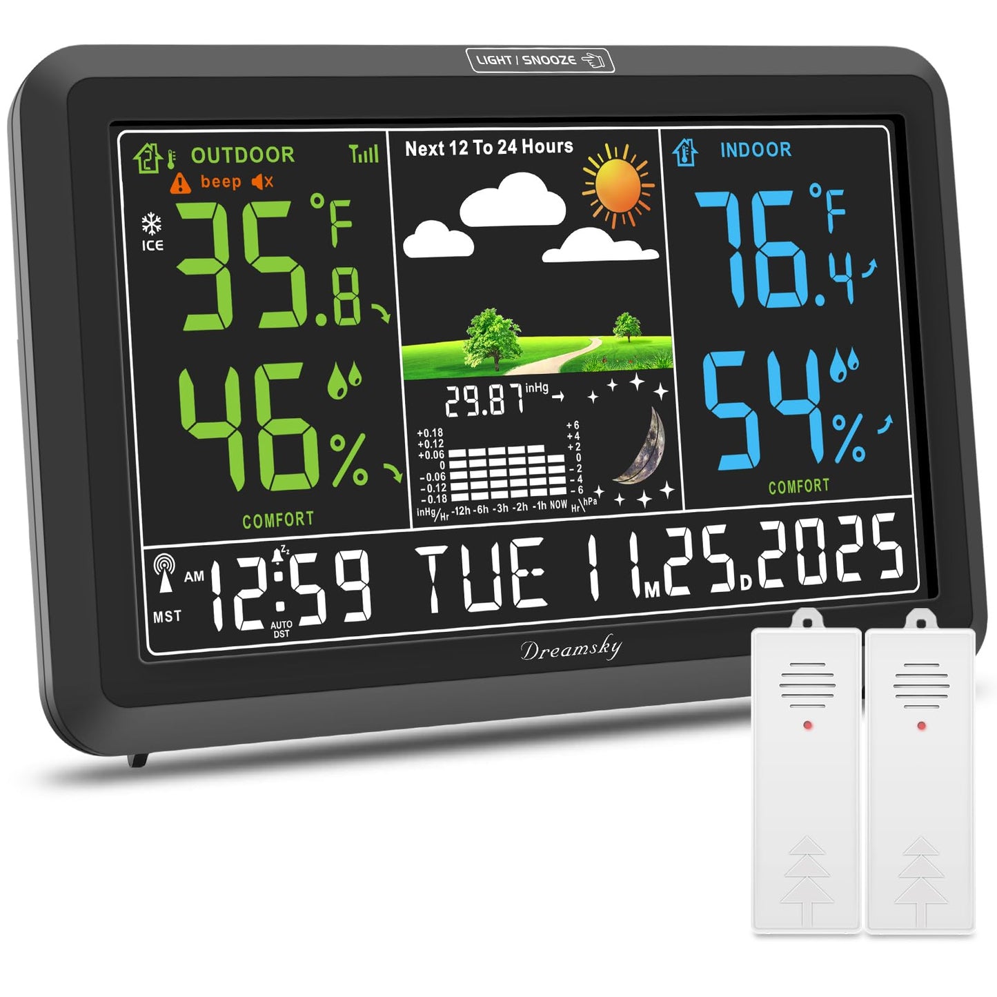 DreamSky Weather Station Indoor Outdoor Thermometer Wireless with Digital Atomic Clock for Home, Large Display with Dimmer, USB Port, Inside Outside Temperature Humidity Monitor (Plug-in)-2 Sensors