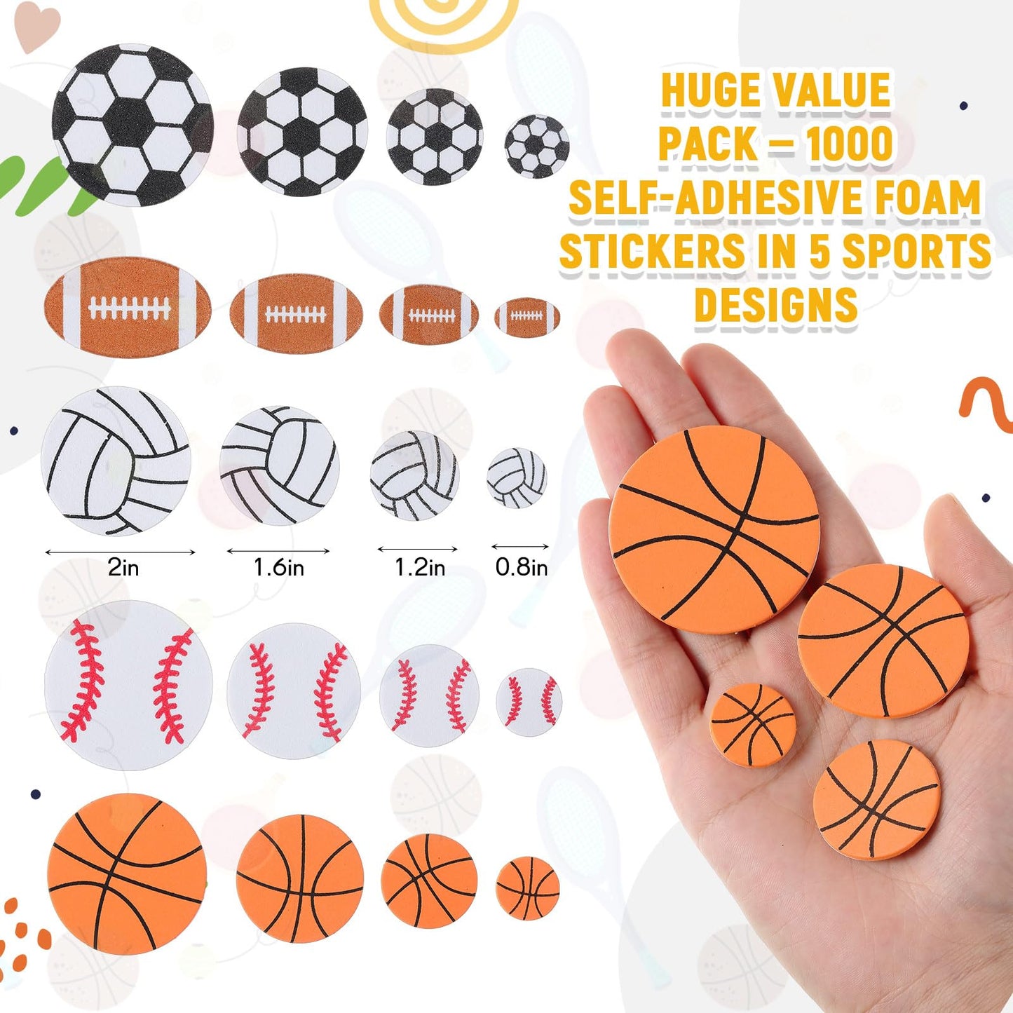 Gilprop 1000 Pcs Foam Sports Stickers Self-Adhesive 100 Days Party Favor Foam Stickers Bulk Including Soccer Basketball Baseball Volleyball Football Sports Party Favors for Arts Crafts Decor Supply