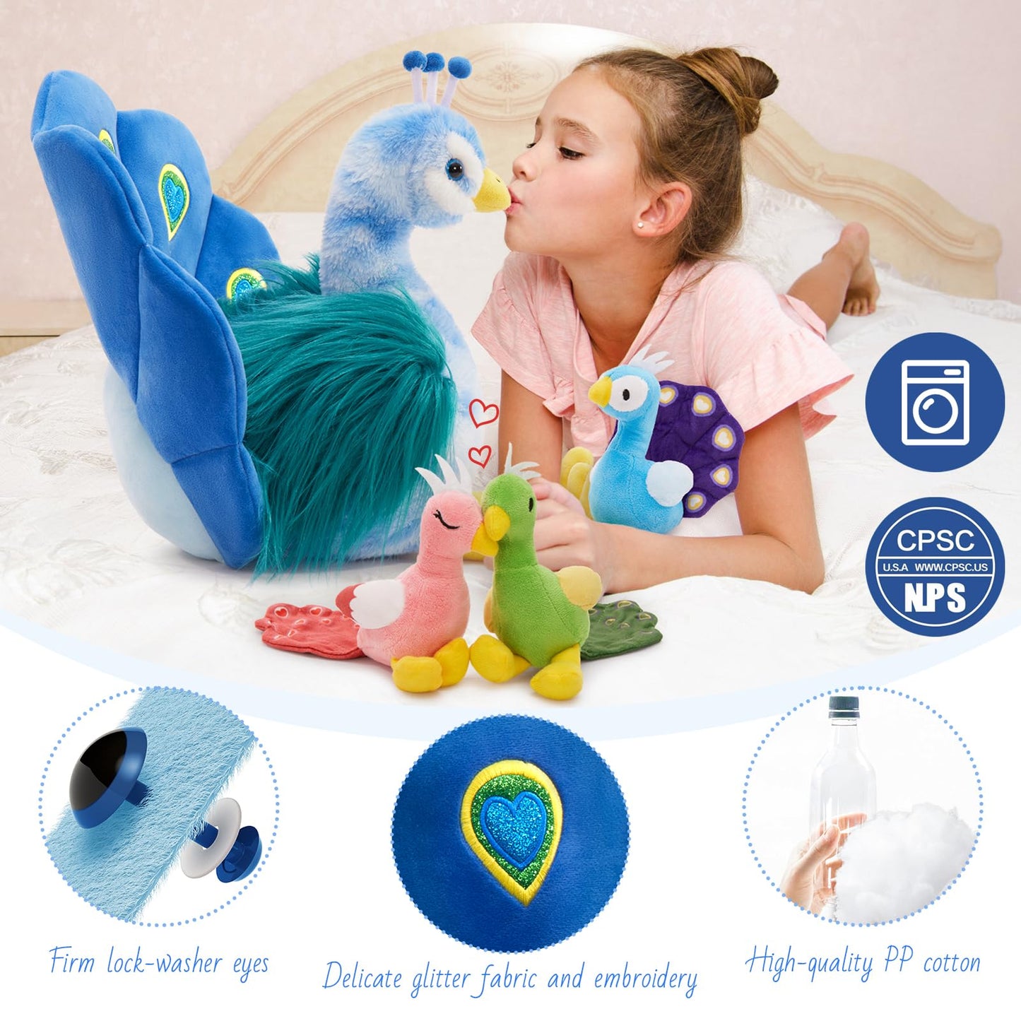 MorisMos Plush Peacock Stuffed Animal with 3 Baby Bird Plush Toys,18''Mommy Peacock Toys for Girl Boy Kid,Realistic Bird Stuffed Animals Gift for Birthday Decor Baby Shower Christmas,CE/CPC Certified