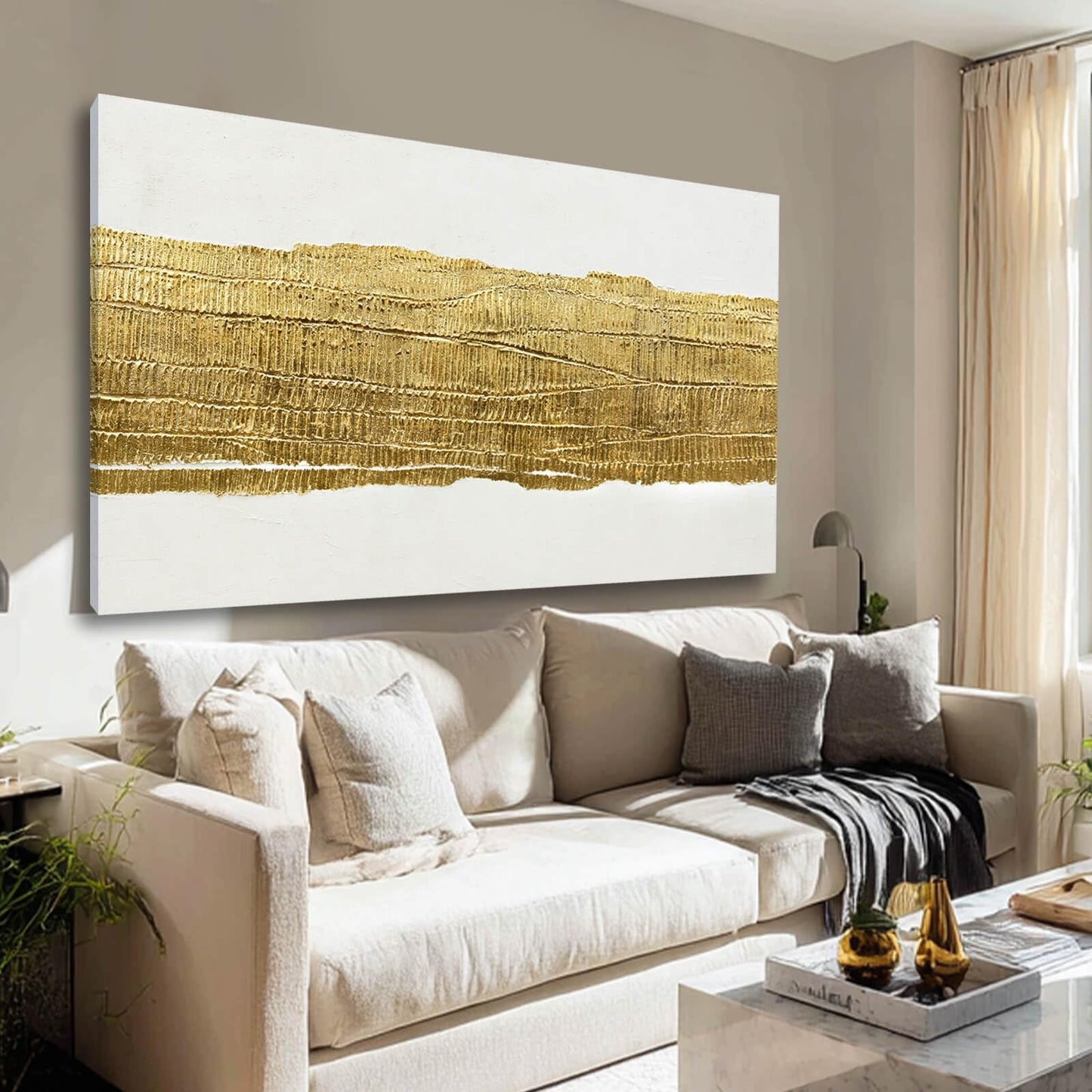 Kureful White and Gold Home Wall Decor Line Wall Decorations Modern Wall Art 24"x48" Decorative Painting for Bedroom Kitchen Pictures