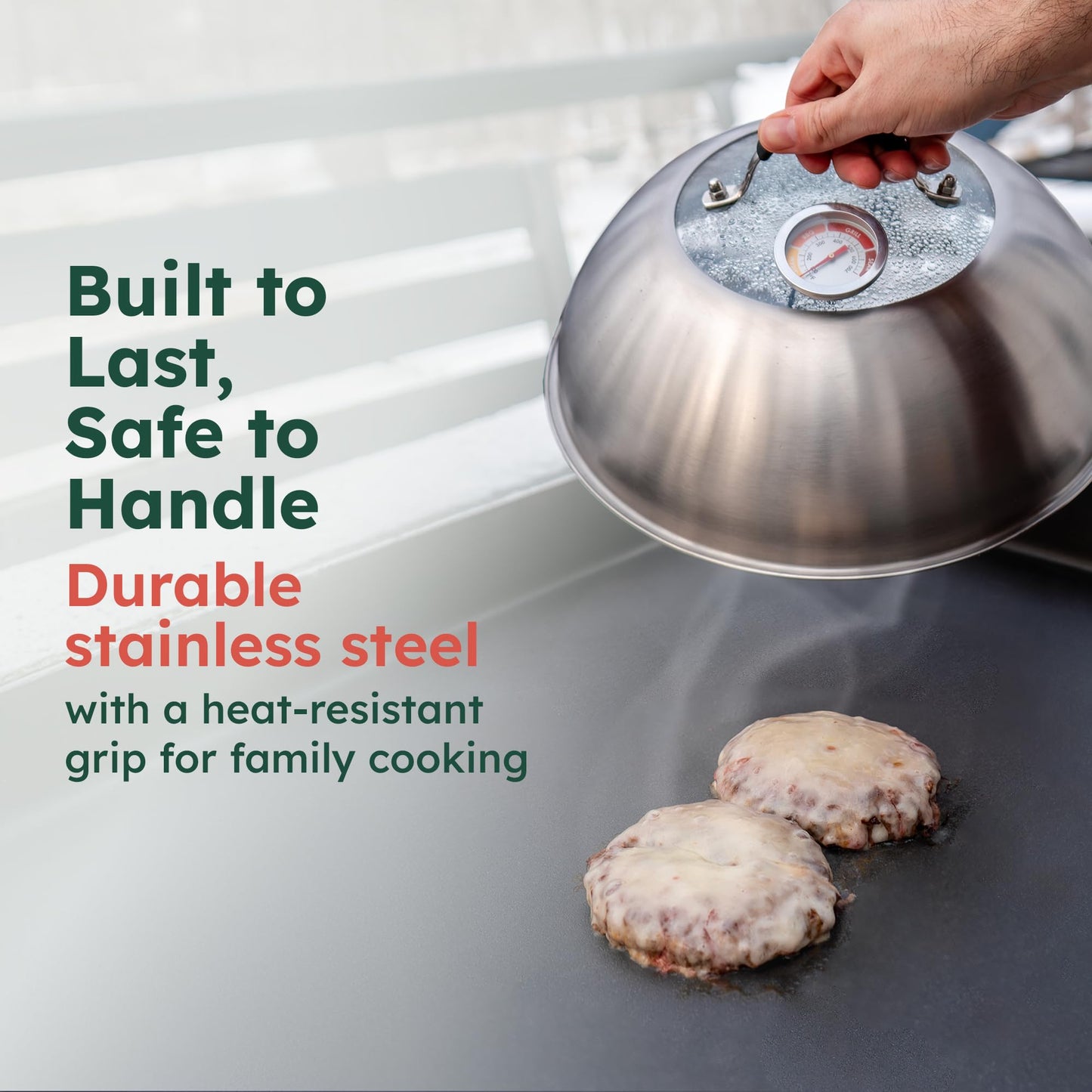 Family Counter Basting Cover for Griddle with Thermometer and Glass Top, 12-Inch Stainless Steel Melting Dome with Steam Vent for BBQ and Grilling on Flat Top, Blackstone Griddle Accessories