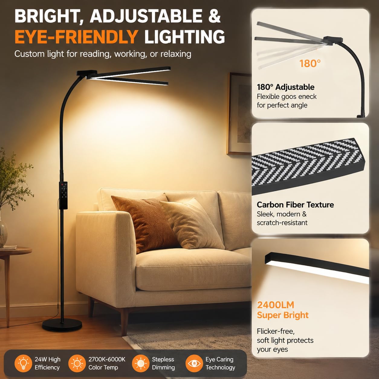 StarMoitic LED Floor Lamp for Living Room, 24W/2400LM Super Bright Dual Head Floor Lamp with Remote & Touch Control, Dimmable Reading Lamp with Adjustable Panels for Bedroom, Office, Craft & Sewing