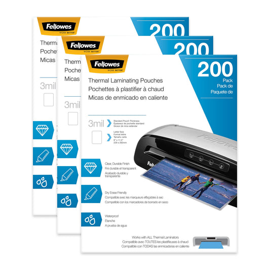 Fellowes Thermal Laminating Sheets, Letter Size 9” x 11.5”, 3 Mil, Glossy, Clear Photo-Safe Pouches, 600 Total (3 Pack of 200), Compatible with All Thermal Laminators (5743401)